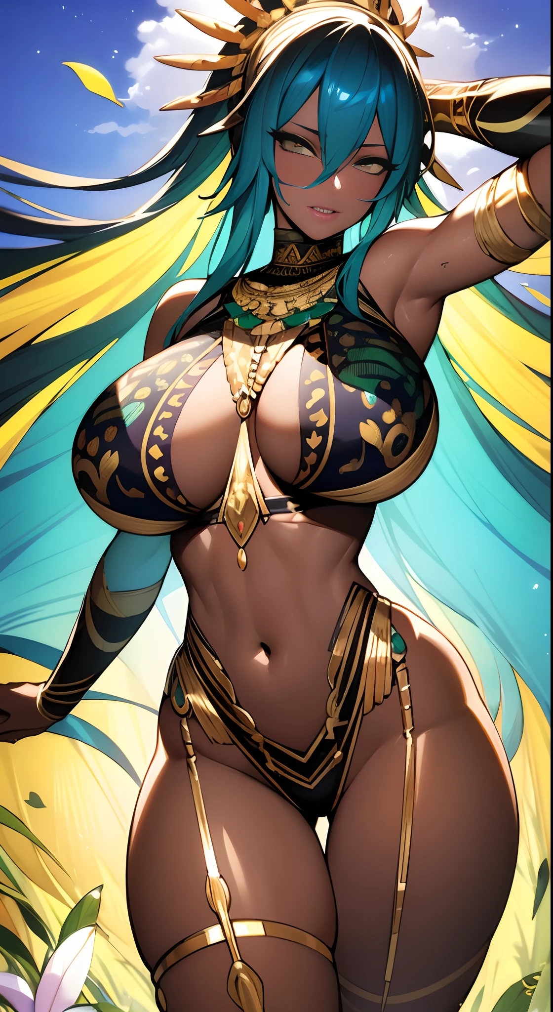 (dark brown skin:1.3), Wild Xavante India, extreme tanned skin, extreme long black straight hair messes over naked boobs, huge macaw blue parrot feather headdress, Hindu goddess of war, sensuality,3d sculpture,artistic details,Bendenick Bana style,hindu mythology,epic fantasy art, big cheeks, long legs, curvy, indigenous yellow and green breast painting, breast painted blue and yellow, indigenous yellow and green facial painting, huge macaw blue parrot feather necklace, honey eyes, (tatto on boobs:1.4), naked, full body image centered around the buxom young miller's exceptionally attractive with big breast and reavling exposed cleavage with wide hips and narrow waist and exuding an alluring and voluptuous physique that radiates warmth and sensuality, gisele bundchen, cheerfull and happy expression on her face, hyper-realistic photography portrait with rainbow vivid skimpy clothes,(breast tattoo:1.2), delicahyper realistic photography portrait with rainbow colorful vivid skimpy clothes, gal gadot (very sexy:1.2) ,beautiful lips,detailed large eyes, Her eyes are a striking and inviting feature, realistic body details scar and fracture, extreme abnormally huge boobs, erotic fantasy, The image evokes feelings of sensuous eroticism, te and tranquil flower princess with soft hair dancing in the wind and intricately braided. Her sweet face has puffy, kissable lips and stunning, highly realistic eyes, hires eyes, 8k eyes, beautiful detail eyes, realistically shaded eyes, and realistic eyes in vibrant colors. She is wearing delicately detailed colourful fabric of gossamer silk and satin, midst of the most beautiful meadow in the world and is surrounded by beautiful flowers of varying sizes and colors, with delicate flowers dancing in the wind and creating a dynamic and compelling image