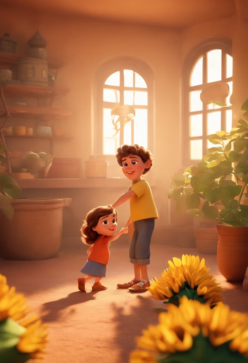 Create a Disney PIXAR-style 3D poster. ((centro da imagem), ((2 children)) ((1 menino de um lado e 1 menina do outro lado, They're hugging each other, O menino tem pele clara e cabelos castanhos escuros e olhos castanhos escuros, 1 menina tem pele clara, olhos e cabelos escuros e cacheados)) ((tudo isso no estilo Disney PIXAR 3D, In the background, A house of sunflowers, Gloria Studio, The garden is full of nature 3D render RTX clay material, estilo de design cartunesco, POP Mart, soft lighting, linhas suaves, Spring tilt, Detailed illustrations of PIXAR 3D, Detalhes hiper-realistas, cor quente no estilo Disney PIXAR 3D))