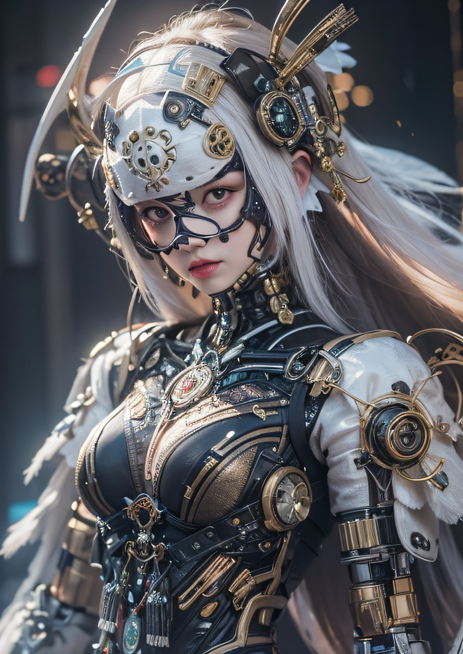 top-quality、tmasterpiece、超A high resolution、(Photorealsitic:1.4)、RAW photo、Steampunk robot angel、Large wing made of metal、White porcelain body、whaite hair、glowy skin、1 Cyborg Girl、((Super realistic details))、porate、globalillumination、black shadows、octan render、8K、ultrasharp、Character edge light,Colossal tits、Raw skin is exposed in cleavage、Details of complex ornaments、Acrylic transparent cover、Sumerian details、Hydraulic cylinder、small led lights、highly intricate detail、Realistic light、a purple eye、Radiant eyes、Facing the camera、neon light detail、cow boy shot、Futuristic headgear、Floor plan about the《cyber punk perssonage》、、