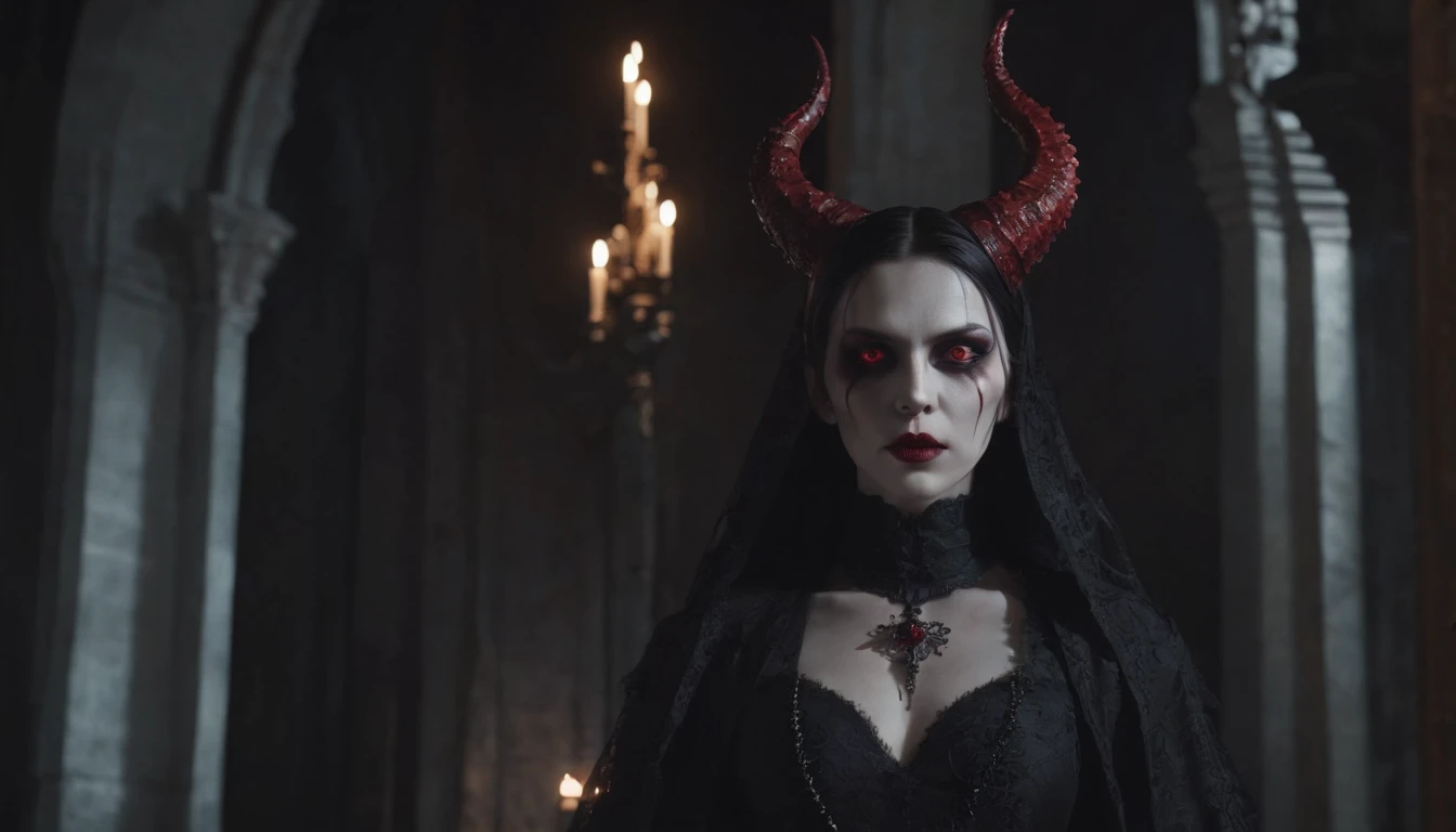 Very young girl, young girl, very young teen, Young lively teen girl undergoing a transformation into an evil demonic Vampire, female, long dark hair, pasty pale ghastly skin, red eyes, vampire fans, very long canine teeth becoming fangs, elegant flowing renaissance era black dress, Romanian, dark castle, nighttime, moonlight, dimly lit, horror, threatening to bite you, bearing her fangs, huge leathery bat wings, close, very close, Vampire bite scene, long black obsidian horns, red-tinged skin, massive breast expansion, huge breast implants