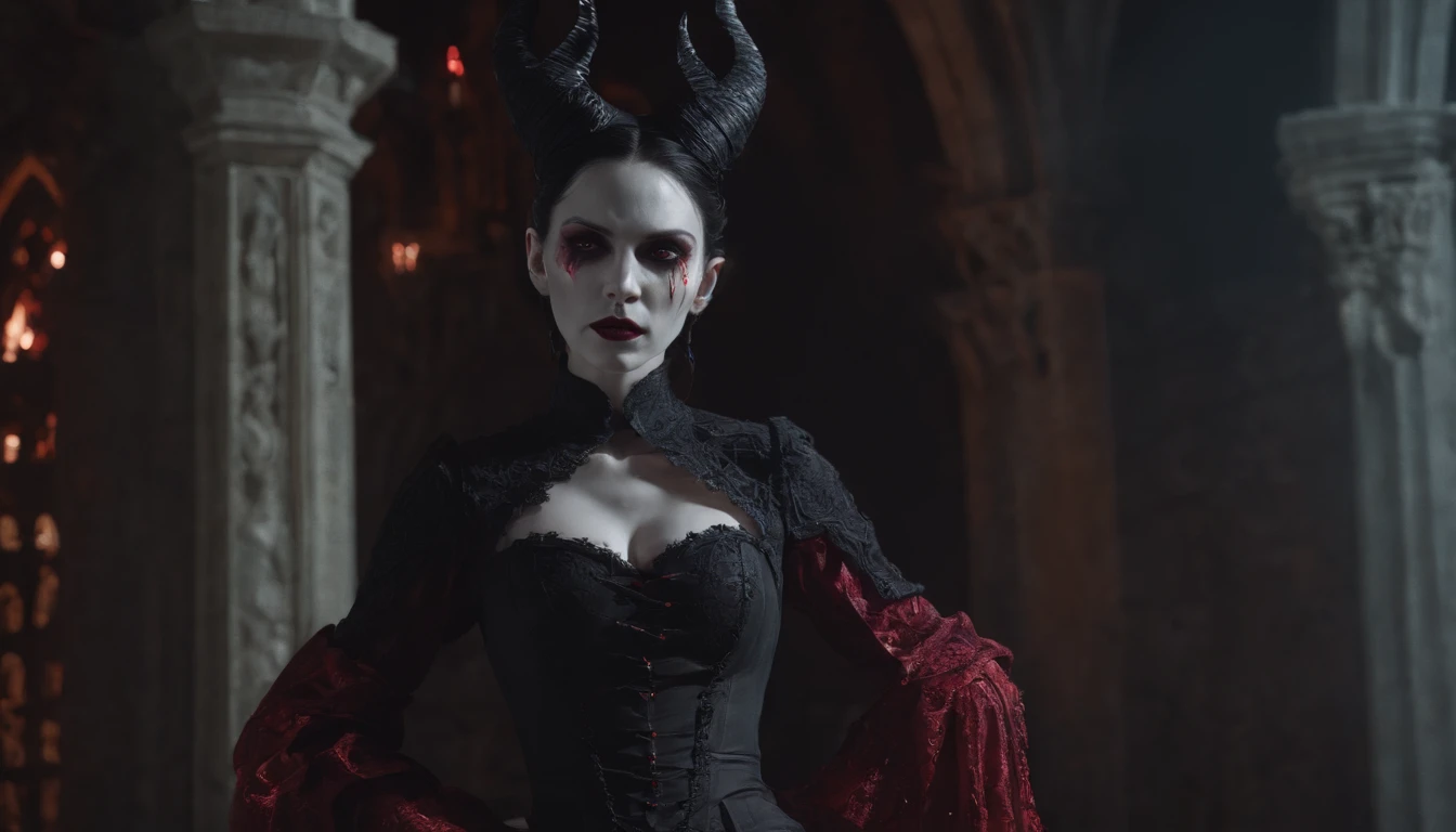 Half body shot of a creepy demon woman in a Gothic church at night, pale white skin, red glowing eyes, witch aesthetic, horror movie, cinematic, dark ambient, red lights, ultra detailed, photorealistic, masterpiece.