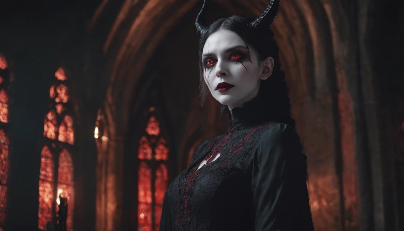 Half body shot of a creepy demon woman in a Gothic church at night, pale white skin, red glowing eyes, witch aesthetic, horror movie, cinematic, dark ambient, red lights, ultra detailed, photorealistic, masterpiece.