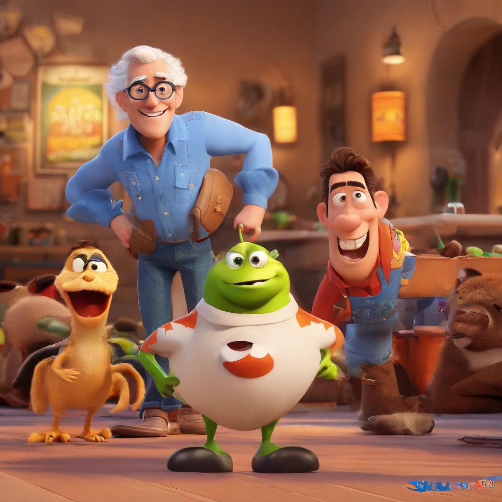 Crie um cartaz inspirado na Disney Pixar com o personagem sendo o deputado Keniston Braga, A white-haired man wearing glasses, the scene will be in Pixar's distinctive digital art style. Focus on character expressions, Vibrant colors and detailed textures present your animations, with the title " Keniston Braga no meio, Quero a cena dos principais filmes do PIXar