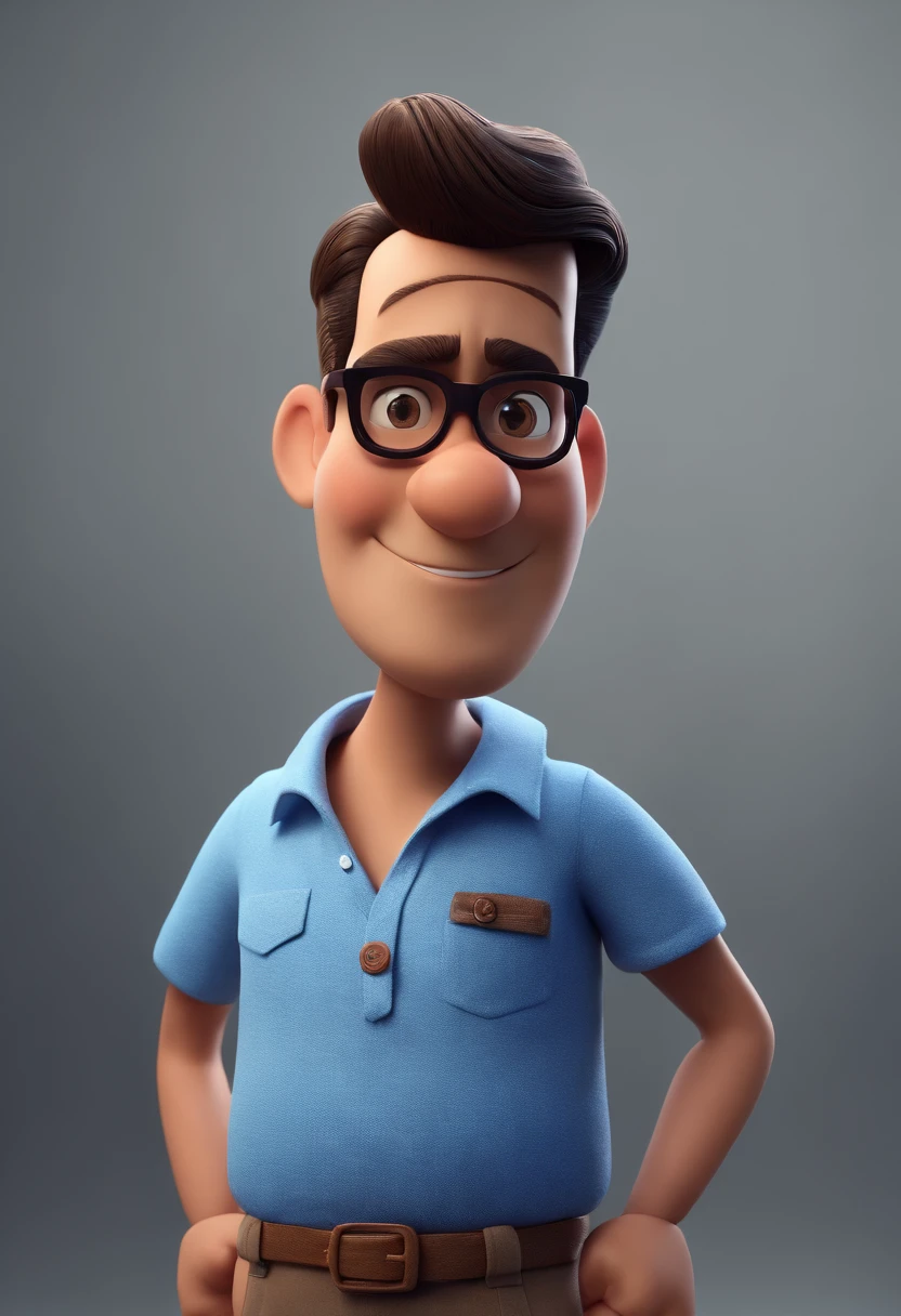 Cartoon character of a man wearing black glasses and a blue shirt, um personagem animado, Caractere estilizado, animation style rendering, 3D estilizado, Arnold Maya render, 3 d render stylized, toon render keyshot, Personagem 3D, Personagem 3D, 3d rendering stylized, 3 d character render, personagem de desenho animado, Personagem de close up, Pose de personagem, (Estilo Pixar) (master part:1.2) (Bokeh) (best quality) (pele detalhada) (textura detalhada) (8k) (argila) (Cinematic lighting) (foco nítido,Senta e vaza a parte superior do corpo