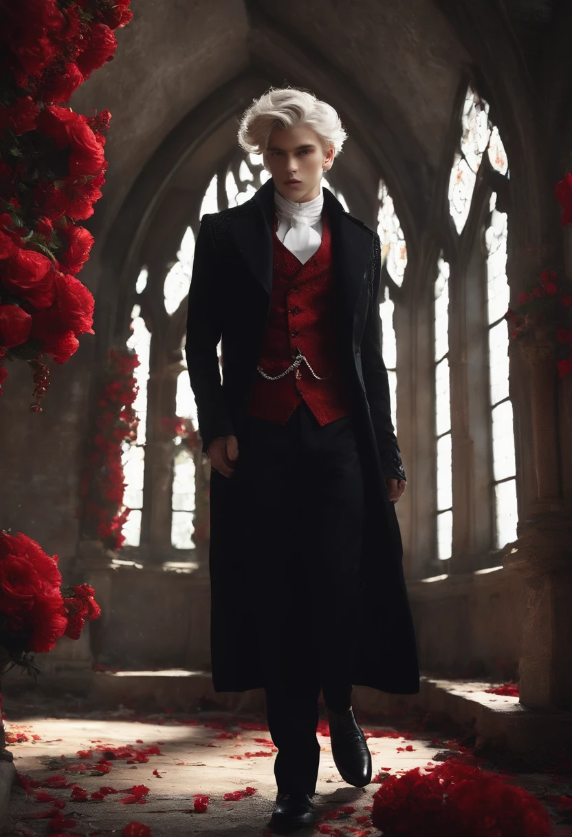 Voluminous spiked hair、silber hair、Beautiful Boys、red eyes、tailcoat、Inside a ruined church、moonlights、Red flowers scattered on the floor、Dark