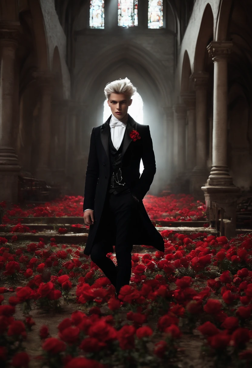 Voluminous spiked hair、silber hair、Beautiful Boys、red eyes、tailcoat、Inside a ruined church、moonlights、Red flowers scattered on the floor、Dark