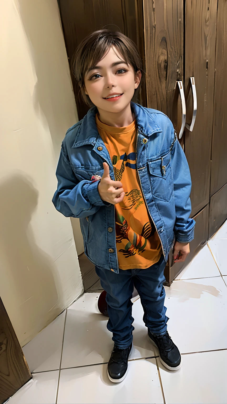 rapaz arafed em uma jaqueta azul e jeans dando um polegar para cima, dando os polegares para cima, inspirado em Abidin Dino, Aprovado, 2 anos, vestindo um pescador 🧥, giving a thumbs up to the camera, Diego 5, dando um polegar para cima, 😃😀😄☺🙃😉😗, Directed by: Nandor Soldier, cabrito