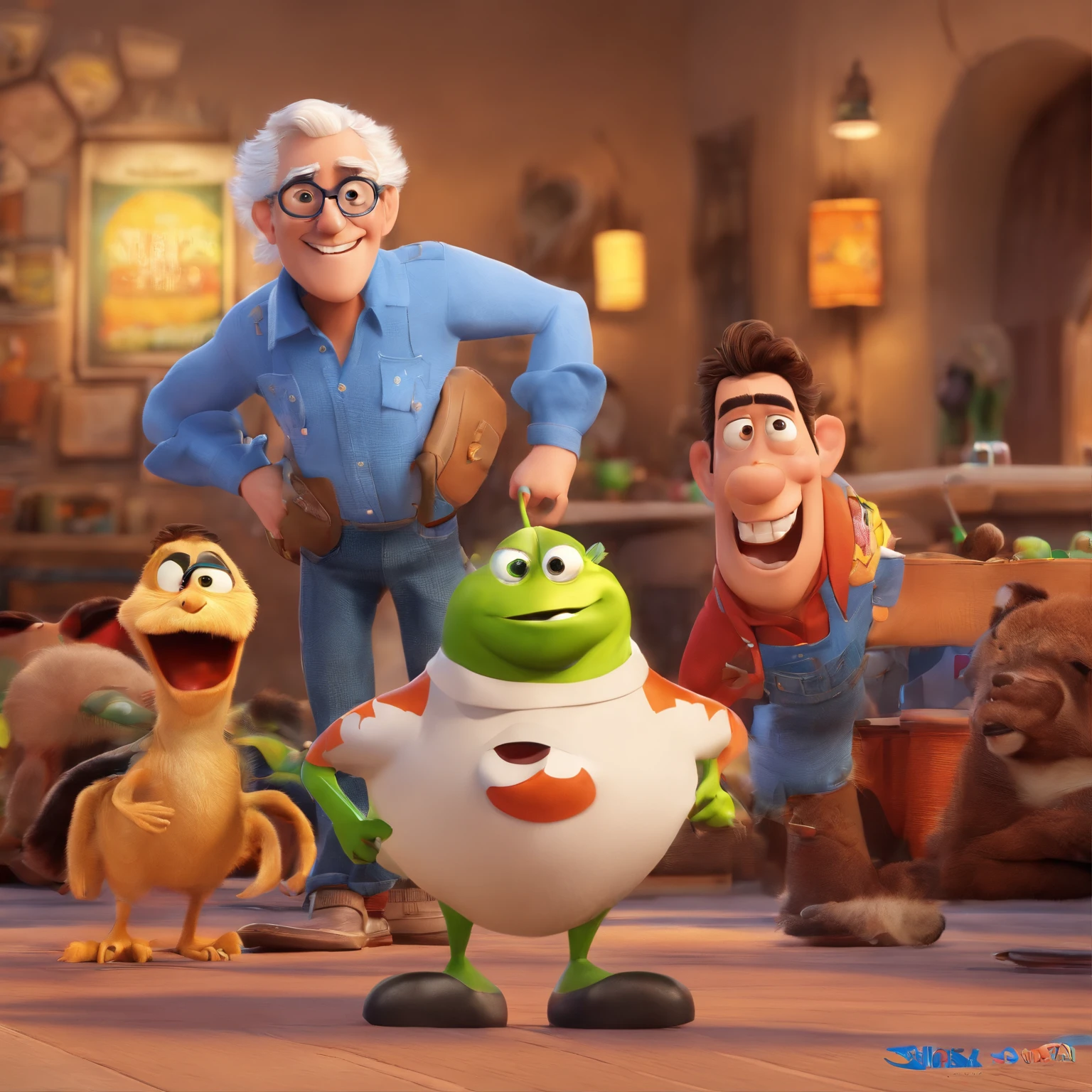 Crie um cartaz inspirado na Disney Pixar com o personagem sendo o deputado Keniston Braga, A white-haired man wearing glasses, the scene will be in Pixar's distinctive digital art style. Focus on character expressions, Vibrant colors and detailed textures present your animations, with the title " Keniston Braga no meio, Quero a cena dos principais filmes do PIXar