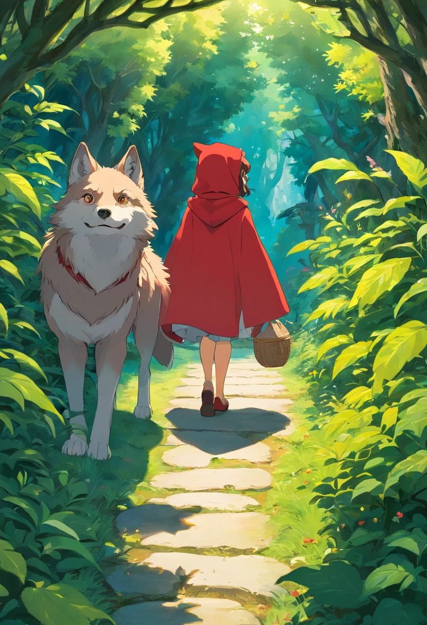 In the bushes,A cunning wolf quietly observes Little Red Riding Hood in the distance,Look at the back of Little Red Riding Hood,There was malice in his eyes。in the style of Hayao Miyazaki