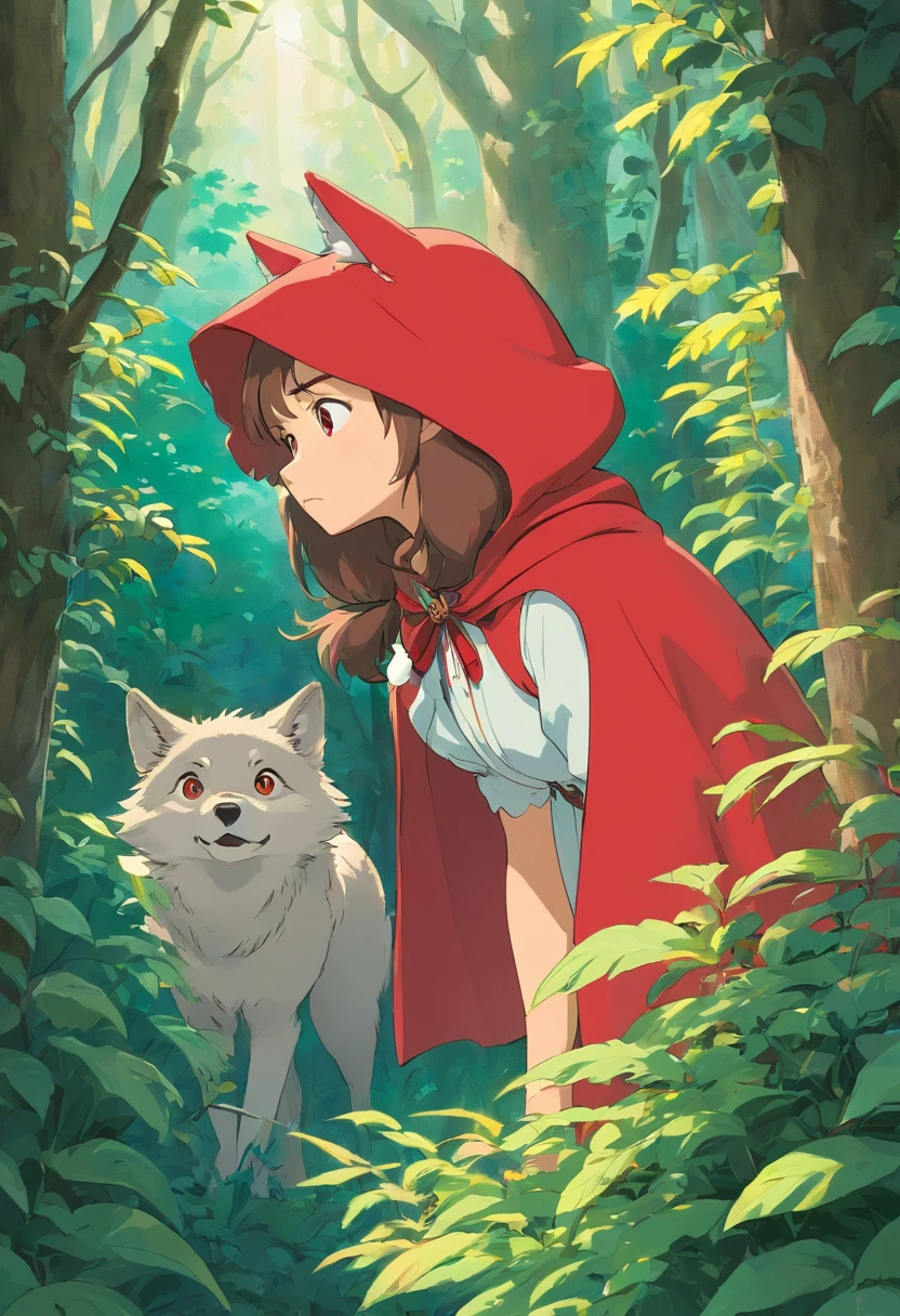 In the bushes,A cunning wolf quietly observes Little Red Riding Hood in the distance,Look at the back of Little Red Riding Hood,There was malice in his eyes。in the style of Hayao Miyazaki