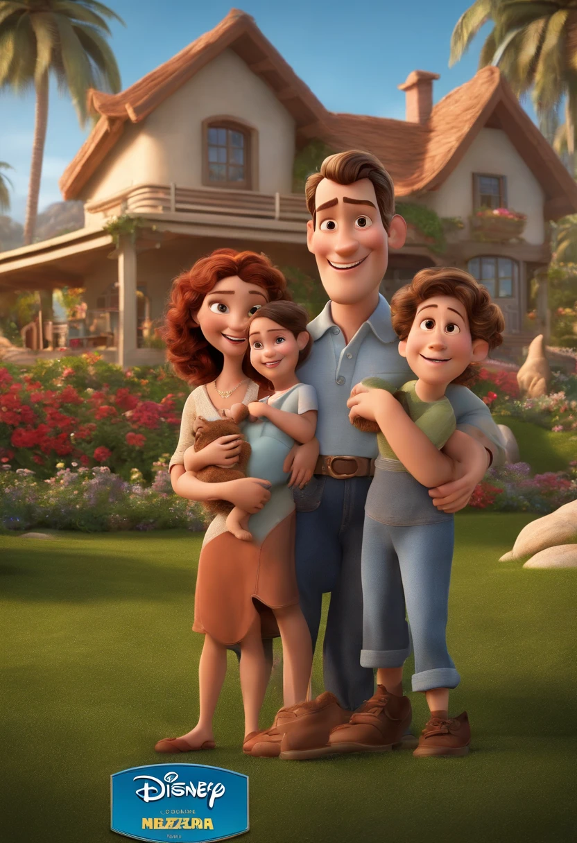 a Disney Pixar movie poster showing a white-skinned family.Utilizando a foto a seguir. The background is a beach garden. 3D-rendering