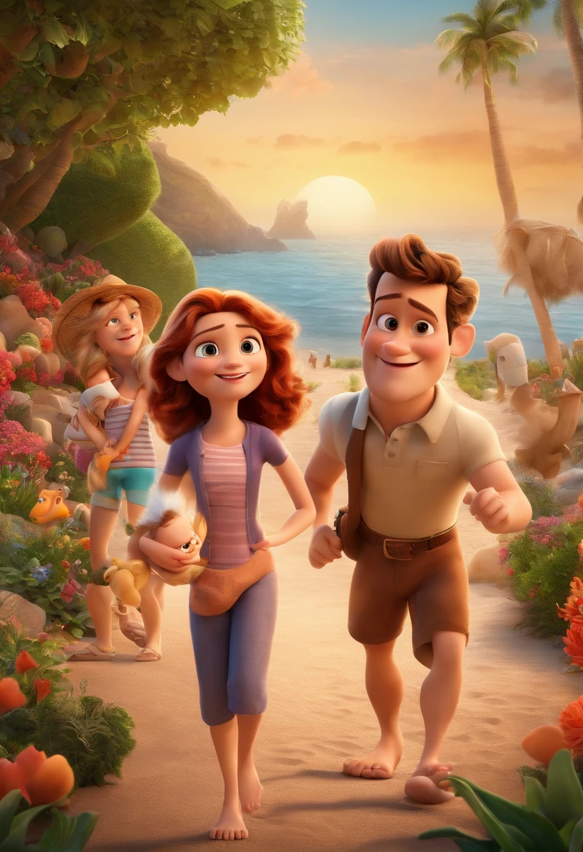 a Disney Pixar movie poster showing a white-skinned family.Utilizando a foto a seguir. The background is a beach garden. 3D-rendering