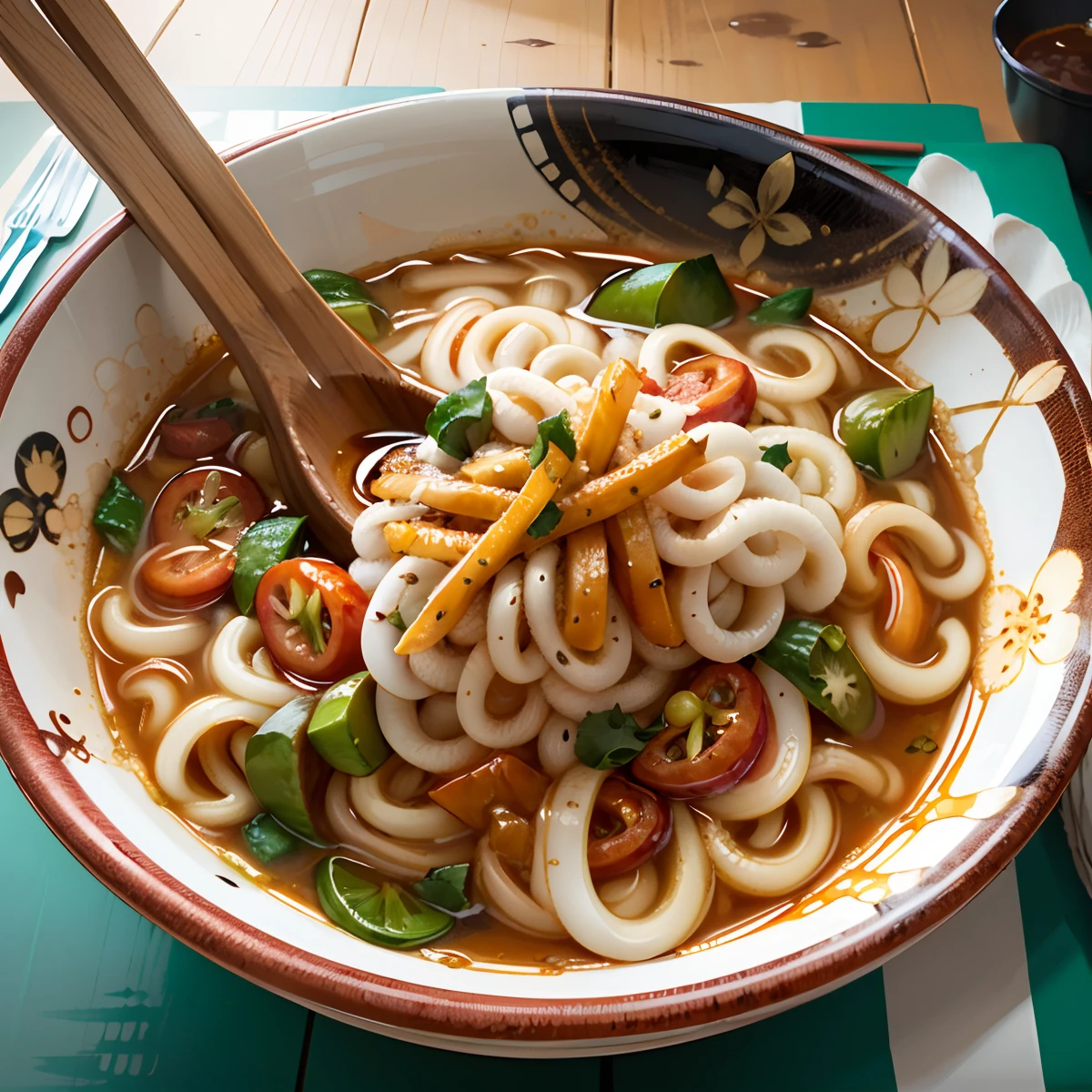 Curry udon noodles have feathers