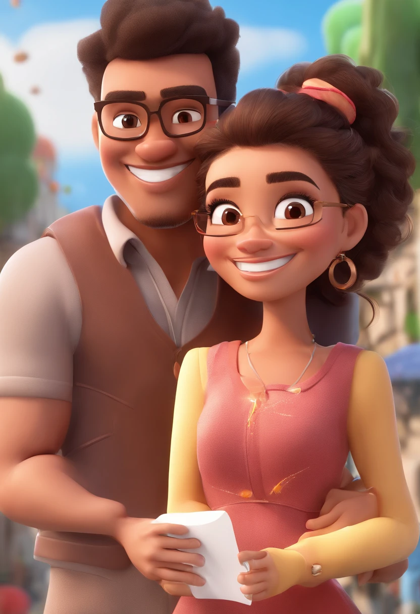 An illustration of an adorable couple, Highlight for a chubby mulatto man with glasses smiling and a brunette woman with beautiful expressive eyes - the man's skin is mulatto and the man's hair haswhile the woman's skin is black and the woman's hair is straight and brown. They are a bright room, cada um com um sorriso no rosto, e compartilhar um momento especial caracterizado pelo amor, Insights. Illustrate this scene from a perspective where they are facing the camera, Smiling and Showing Your Connection. Desenvolva esta arte em Full HD, Focus on your cinematic touch, Estilo Disney Pixar Animations