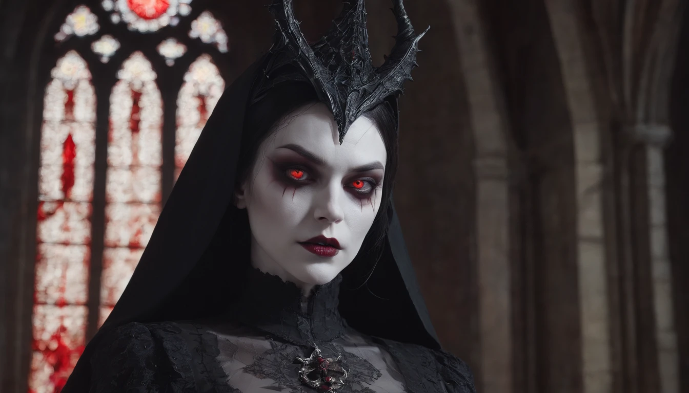 Half body shot of a creepy demon woman in a Gothic church at night, pale white skin, red glowing eyes, witch aesthetic, horror movie, cinematic, dark ambient, red lights, ultra detailed, photorealistic, masterpiece.