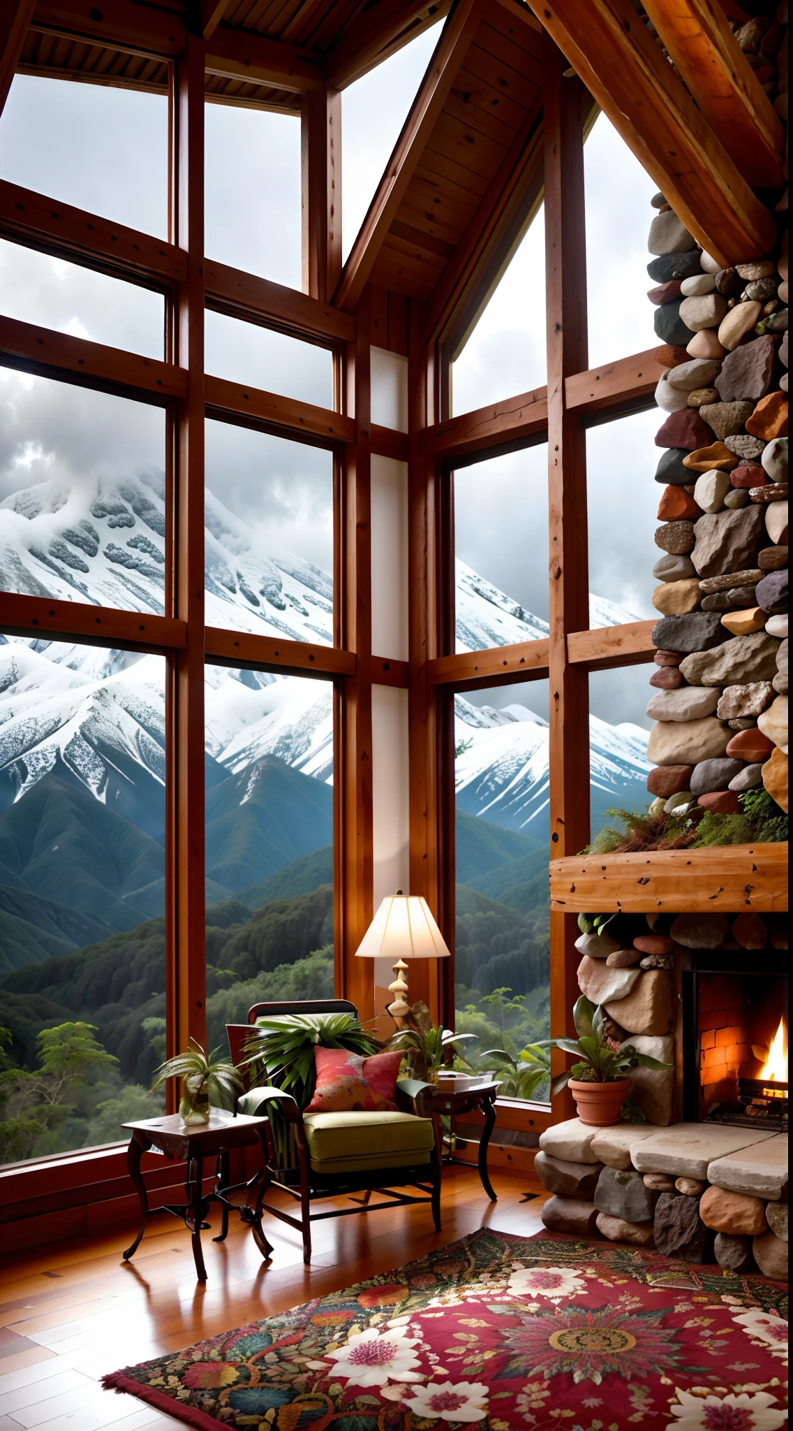 Sala de estar com vista para uma montanha e uma floresta, mountainous jungle setting, jungle setting, Como uma cena de Blade Runner, magical ambiance, pintura escura ultrarrealista, em um ambiente de selva, pleasant environment, floresta nublada, Selva bonita, ambiente mal-humorado, Selva exuberante, Inside an alien jungle, Plantas e selva, montanhas da floresta tropical, ambiente relaxante