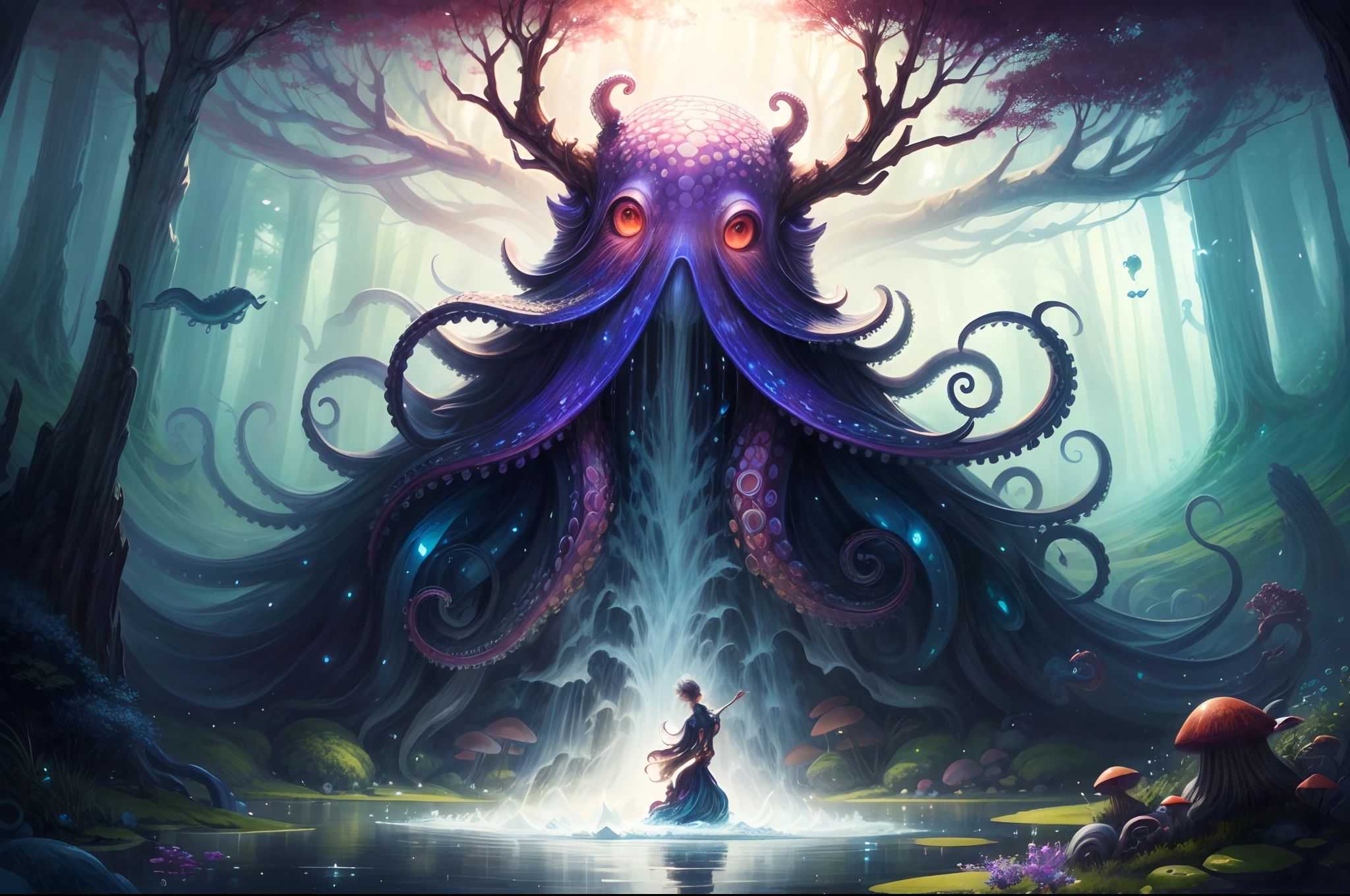 (surreal fantasy, vibrant colors, octopus), oil painting, magical garden, mysterious creature, cascading waterfall, floating islands, dreamlike atmosphere, glowing mushrooms, crystal-clear pond, ethereal light, whimsical details, mesmerizing textures, intricate tentacles, iridescent scales, dynamic poses, otherworldly beauty, vibrant hues, surreal skies, fantastical landscapes。
