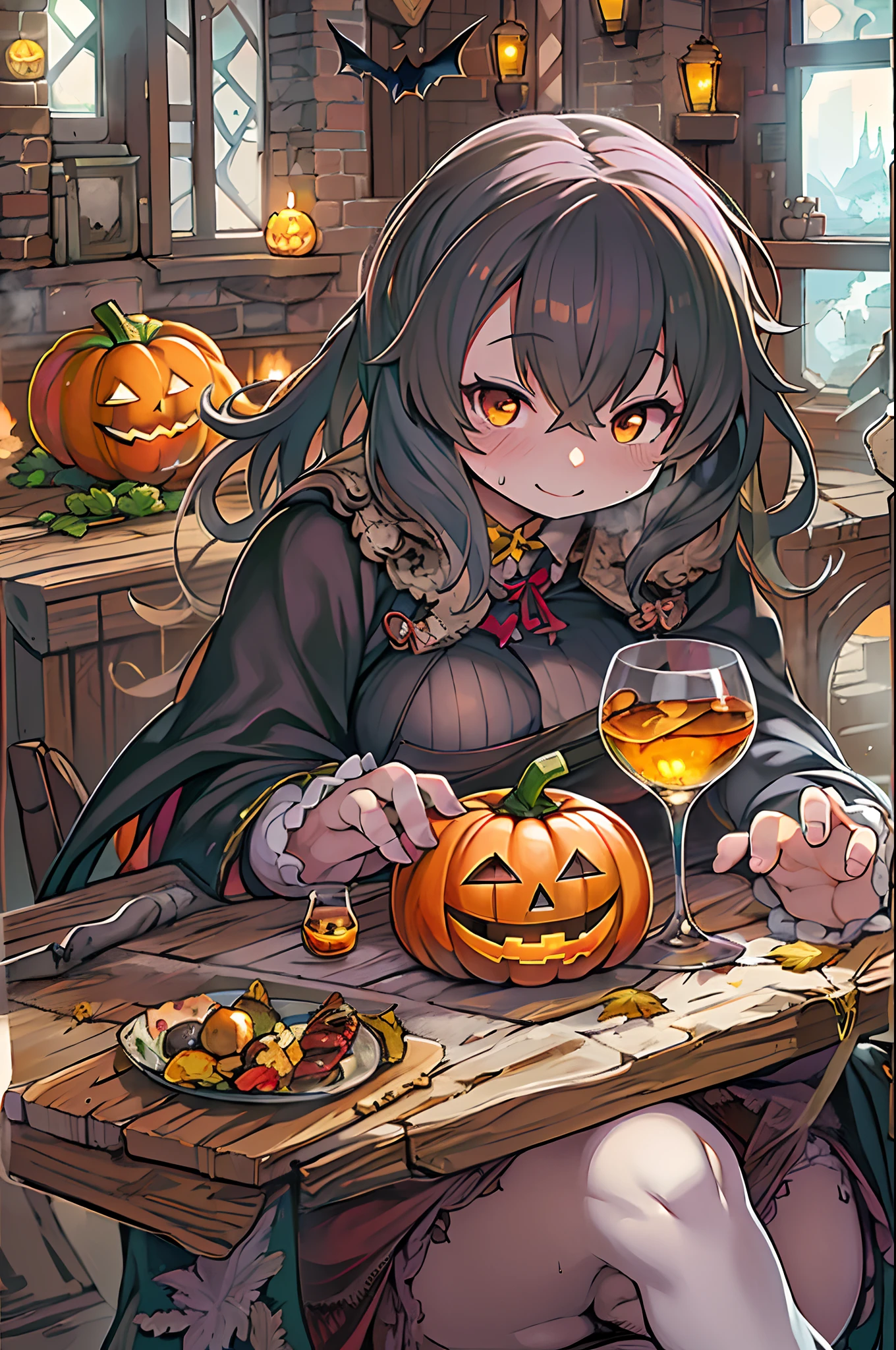 Anime girl sitting at a table with a glass of wine and a pumpkin ...