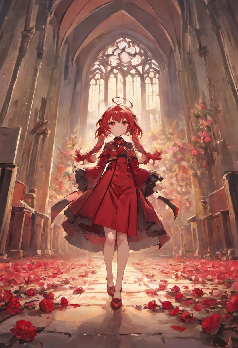 Slightly voluminous spiked hair、silber hair、Beautiful Boys、red eyes、tailcoat、Inside a ruined church、natta、Red flowers scattered on the floor、