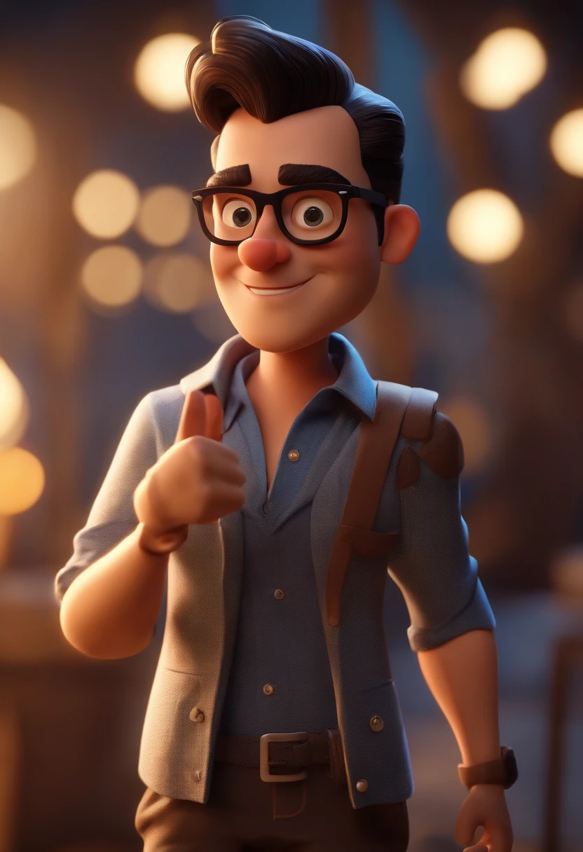 Cartoon character of a man wearing black glasses and a blue shirt, um personagem animado, Caractere estilizado, animation style rendering, 3D estilizado, Arnold Maya render, 3 d render stylized, toon render keyshot, Personagem 3D, Personagem 3D, 3d rendering stylized, 3 d character render, personagem de desenho animado, Personagem de close up, Pose de personagem, (Estilo Pixar) (master part:1.2) (Bokeh) (best quality) (pele detalhada) (textura detalhada) (8k) (argila) (Cinematic lighting) (foco nítido，Senta e vaza a parte superior do corpo