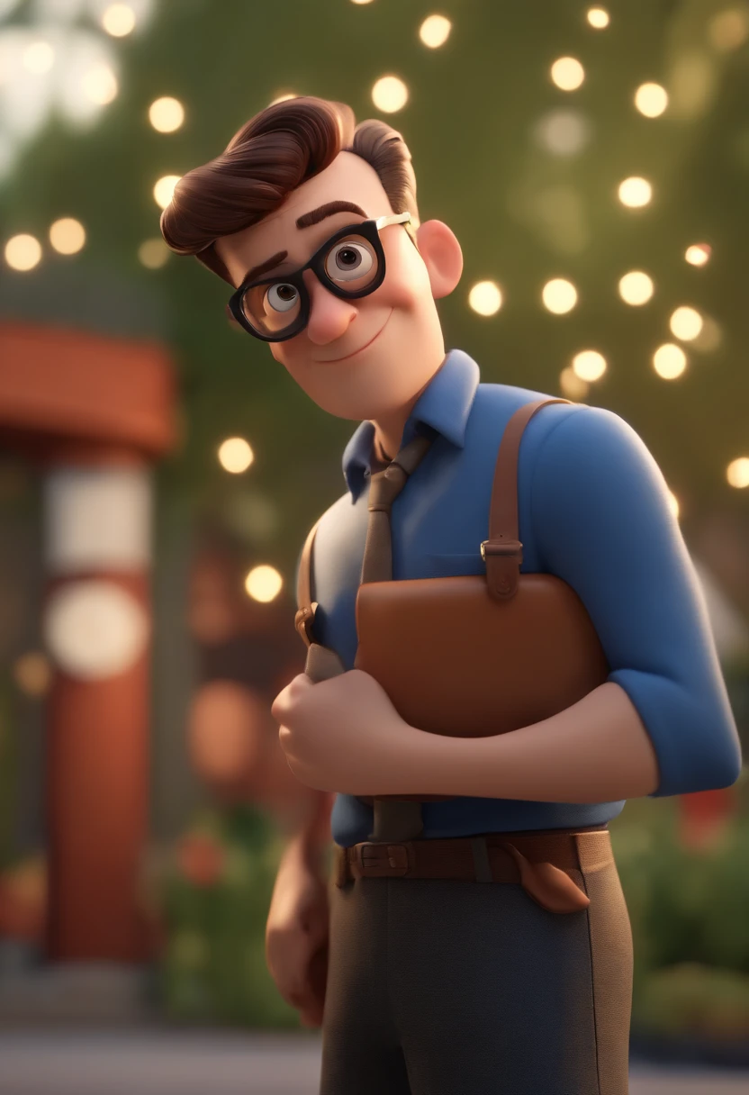 Cartoon character of a man wearing black glasses and a blue shirt, um personagem animado, Caractere estilizado, animation style rendering, 3D estilizado, Arnold Maya render, 3 d render stylized, toon render keyshot, Personagem 3D, Personagem 3D, 3d rendering stylized, 3 d character render, personagem de desenho animado, Personagem de close up, Pose de personagem, (Estilo Pixar) (master part:1.2) (Bokeh) (best quality) (pele detalhada) (textura detalhada) (8k) (argila) (Cinematic lighting) (foco nítido，Senta e vaza a parte superior do corpo