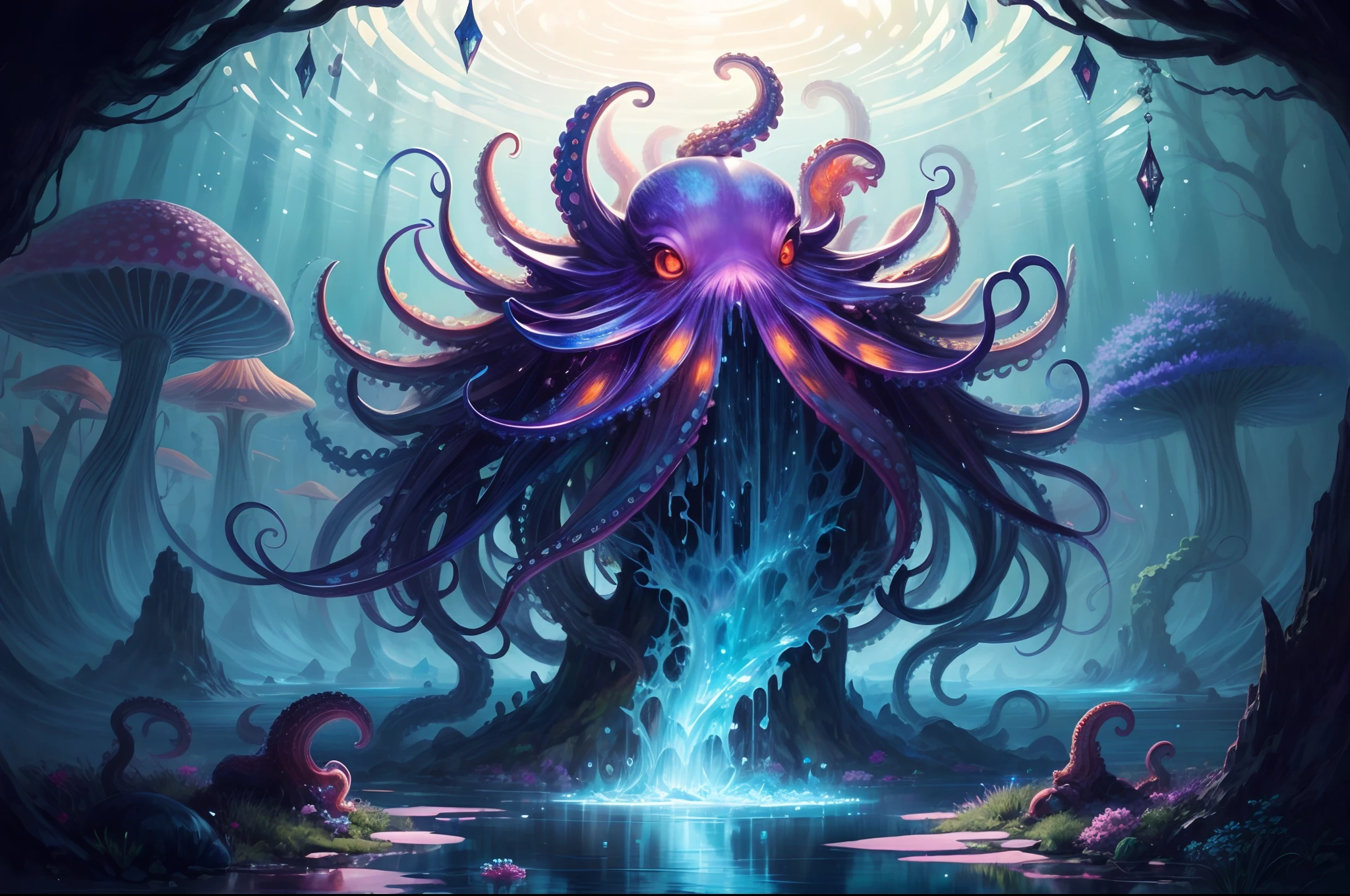 (surreal fantasy, vibrant colors, octopus), oil painting, magical garden, mysterious creature, cascading waterfall, floating islands, dreamlike atmosphere, glowing mushrooms, crystal-clear pond, ethereal light, whimsical details, mesmerizing textures, intricate tentacles, iridescent scales, dynamic poses, otherworldly beauty, vibrant hues, surreal skies, fantastical landscapes。