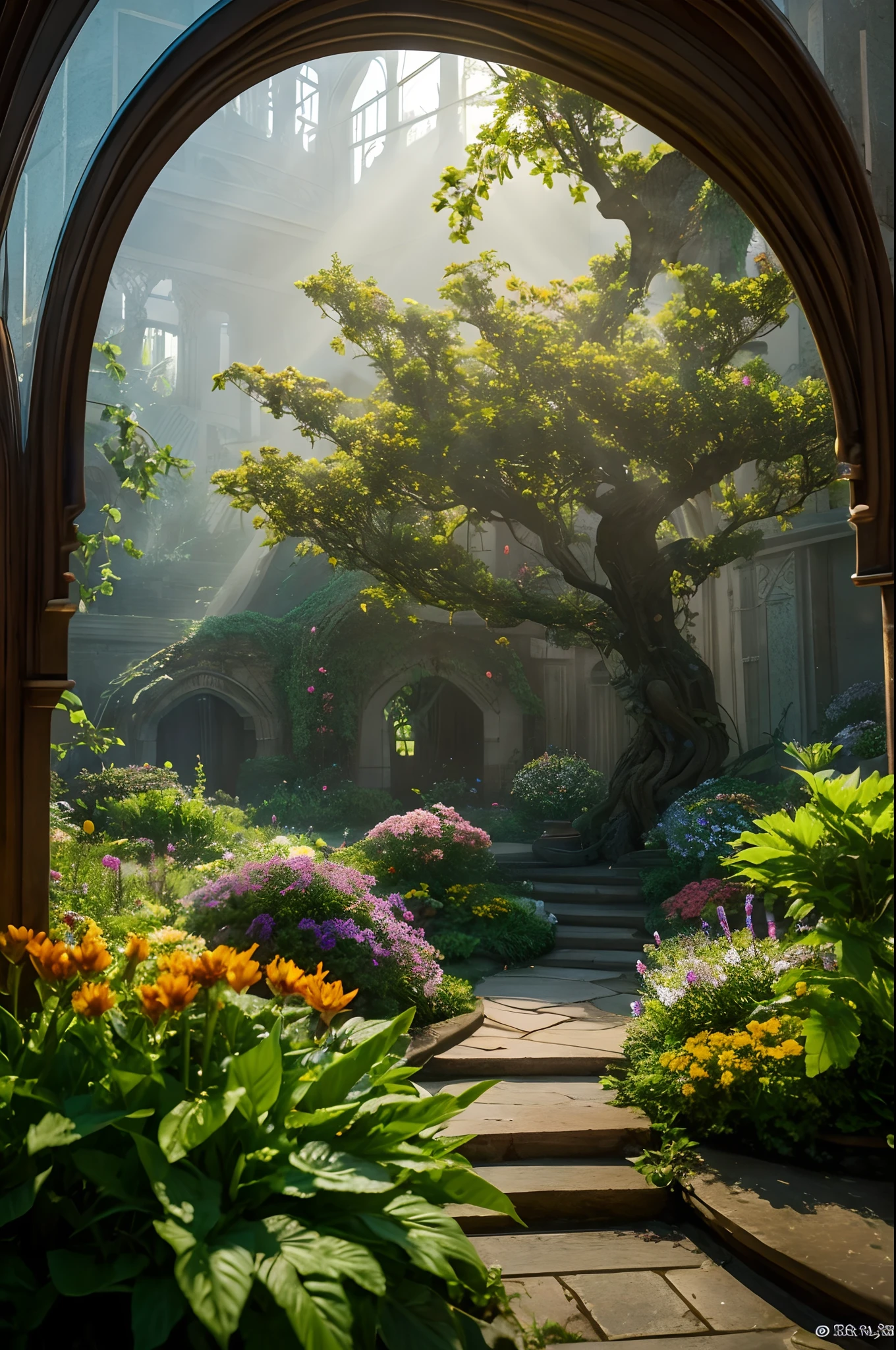 masterpiece, hightquality, Fantastic Fantasy, glowing plants,, foggy, Extreme detailing, Morning light, Magnificent composition, (intricate detailes), (intricate designs, The ultra-detailliert: 1.2), art stations, (masterpiece, top-quality), Ulutra HD, 32k,borgar,relic ,The flowers are beautiful、The stars are beautiful --v 6