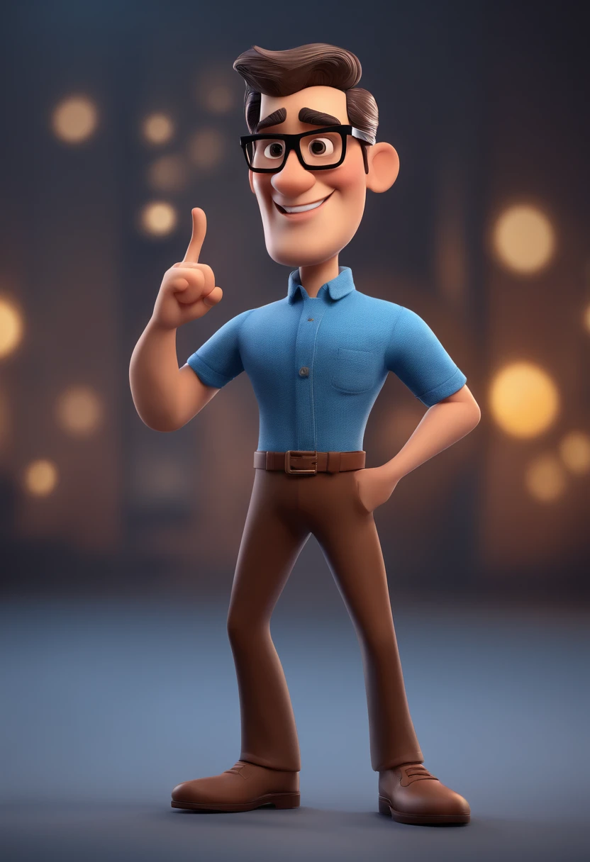 Cartoon character of a man with black glasses and a blue shirt, animation character, Caractere estilizado, animation style rendering, 3D estilizado, Arnold Maya render, 3 d render stylized, toon render keyshot, Personagem 3D, Personagem 3D, 3d rendering stylized, 3 d character render, personagem de desenho animado, Personagem de close up, Pose de personagem,  (Estilo Pixar) (master part:1.2) (Bokeh) (best quality) (pele detalhada) (textura detalhada) (8k) (argila) (Cinematic lighting) (foco nítido