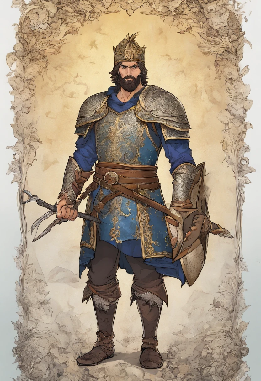 (best quality,Altas,master part:1.2) Um jovem de cabelos pretos e barba clara, retratado como um guerreiro de fantasia da era medieval. He is equipped with a sword and shield. The character has a rough appearance and a determined expression in his eyes. Detailed facial features, como belos olhos detalhados, a strong jaw, e a aspereza de seus pelos faciais, Add depth to your appearance. The bright glow on his armor and the intricate detailing on his shield and sword emphasize the high level of craftsmanship. The atmosphere of the scene is illuminated by warmth, golden illumination, Enhancing the dramatic and heroic environment. Colors are highly saturated, com ricos tons de azul, verdura, e tintos, contrastando com tons mais escuros para criar uma cena visualmente deslumbrante. The character is surrounded by an exuberant, Floresta Encantada, further enhancing the sense of adventure and mystery.