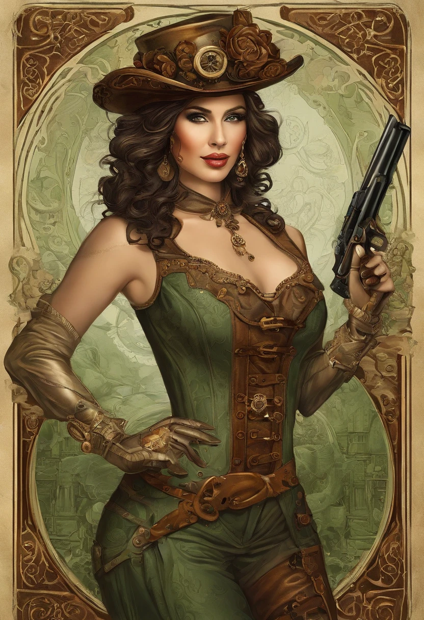 There is a woman wearing a steampunk hat and holding a gun., steampunk girl, Wearing steampunk costumes, steampunk inventor girl, (Steampunk), ( Steampunk ), Steampunk style, steampunc, steampunk fiction, steampunk aesthetic, Beautiful steampunk goddess, steampunk beautiful anime woman, Steampunk, Fantasia Steampunk, steampunk fantasy style, Steampunk Art, steampunk digital art, Steampunk clothes, infp young woman,Japan Beautiful Girl, Green eyes, a smile,high-level image quality,8k,