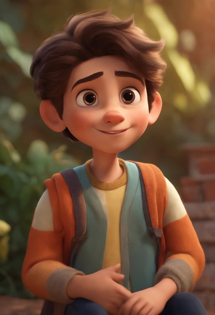 Image of a boy for a story in a YouTube video in Pixar format, He's the  allabester, He's the class leader, He's outgoing, Playful and gets up for a lot of things, cabelo curto