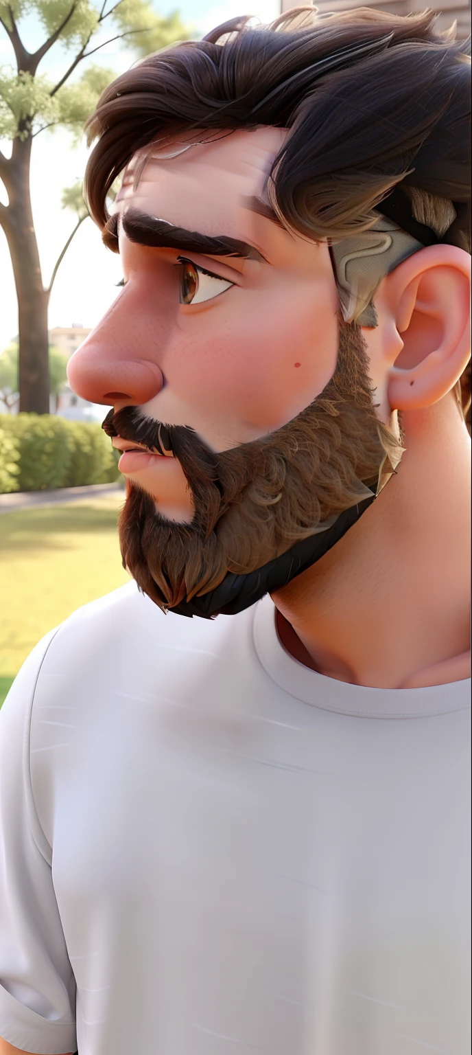 A bearded boy with sideways hair talking to someone you can't see in the picture