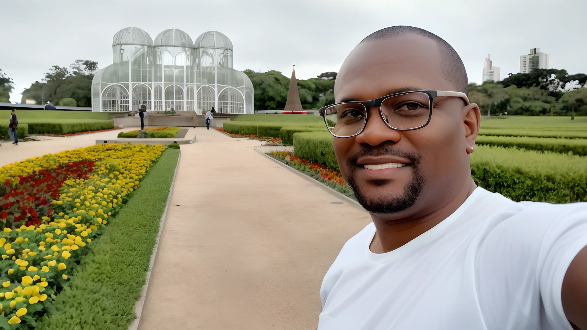 There's a man taking a selfie in front of a flower garden, standing in a botanical garden, Parque em segundo plano, com um parque ao fundo, botanic garden, estufa ao fundo, em um parque da cidade, foto modo retrato, com um parque nos fundos, inspirado em Paul Gustav Fischer, Emmanuel Shiru, In Sao Paulo