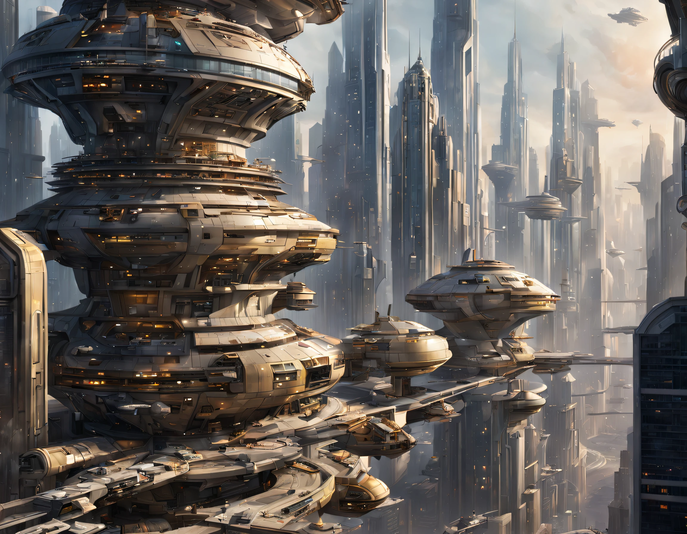 The city of Coruscant from Star Wars as designed by Doug Chiang, futuristic fantasy city with immense buildings of technological design (que forman una avenida infinita), edificios compactor no difuminados, con estructuras acristaladas en plata, oro y bronce espectaculares, (con colores vivos). pavimento ensolado (sin brillo). gente paseando. imagen bien definida con muchos edificios juntos. imagen nitida bien definida 8k. los edificios llegan alta el fondo.,8k. imagen cinematografica.