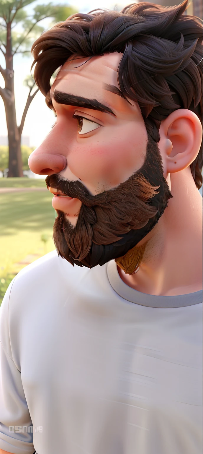 A bearded boy with sideways hair talking to someone you can't see in the picture