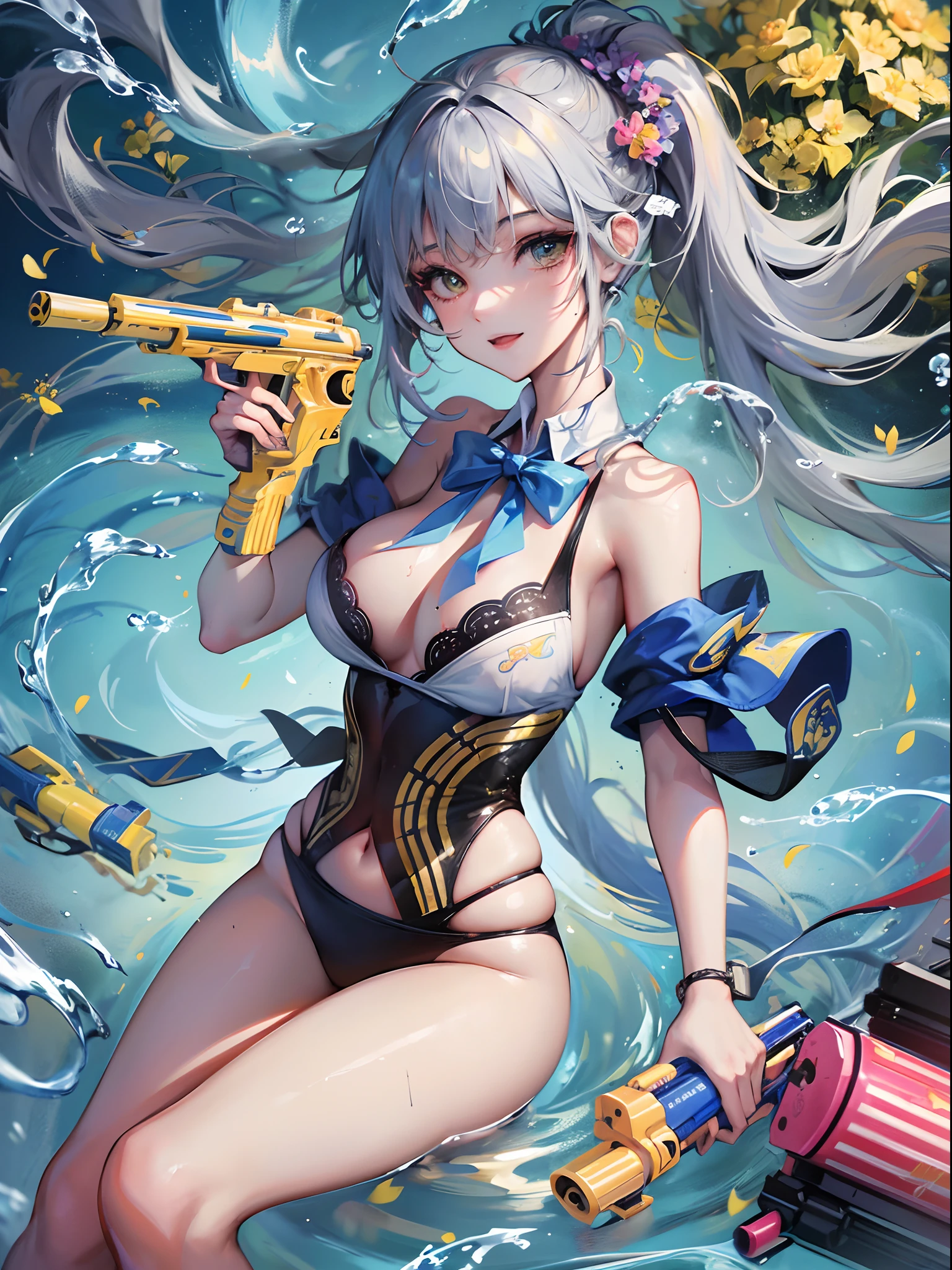 ((Finest quality)),(超A high resolution),(ultra-detailliert),(Meticulous portrayal),((best pictures)),(Finest works of art),Ultra-Precision Art,The art of astounding depiction, in poolside:1.5,suns:1.3(1人の女性:1.5),((Shoot a water gun at us:1.6)),water gun,,a smile,swim wears