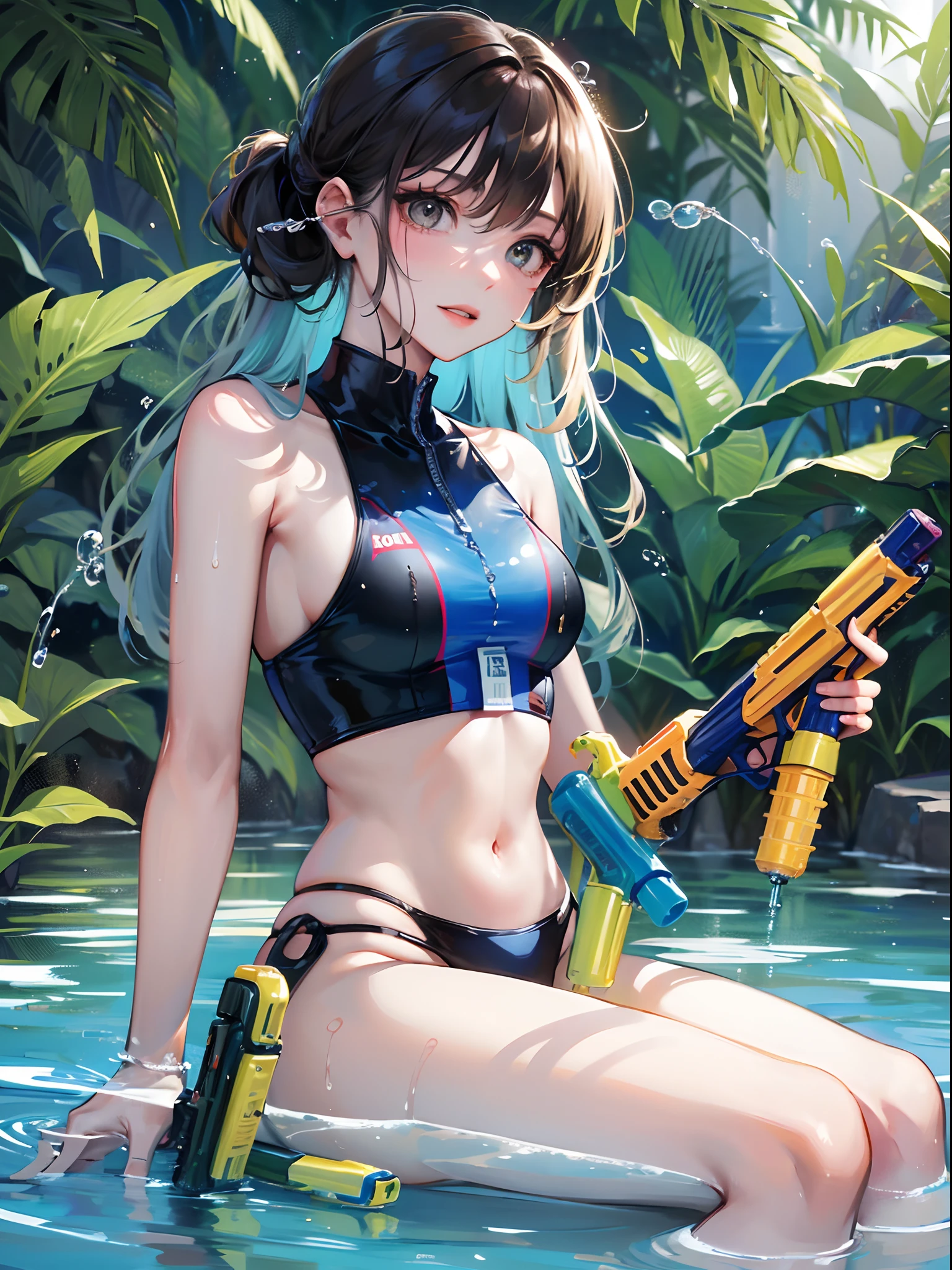 ((Finest quality)),(超A high resolution),(ultra-detailliert),(Meticulous portrayal),((best pictures)),(Finest works of art),Ultra-Precision Art,The art of astounding depiction, in poolside:1.5,suns:1.3(1人の女性:1.5),((Shoot a water gun at us:1.6)),water gun,,a smile,swim wears