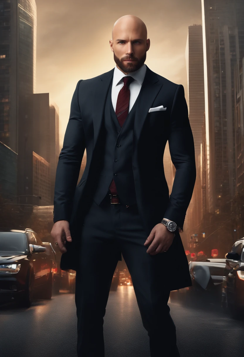 a 31-year-old bald man with a red goatee, (best quality, highres, ultra-detailed), (realistic:1.37), detailed facial features, piercing blue eyes, strong jawline, confident expression, wearing a stylish black suit, standing in a modern cityscape with tall skyscrapers and bustling streets, (gritty, urban, noir), vibrant colors, dramatic lighting with shadows and highlights, evoking a sense of power and elegance