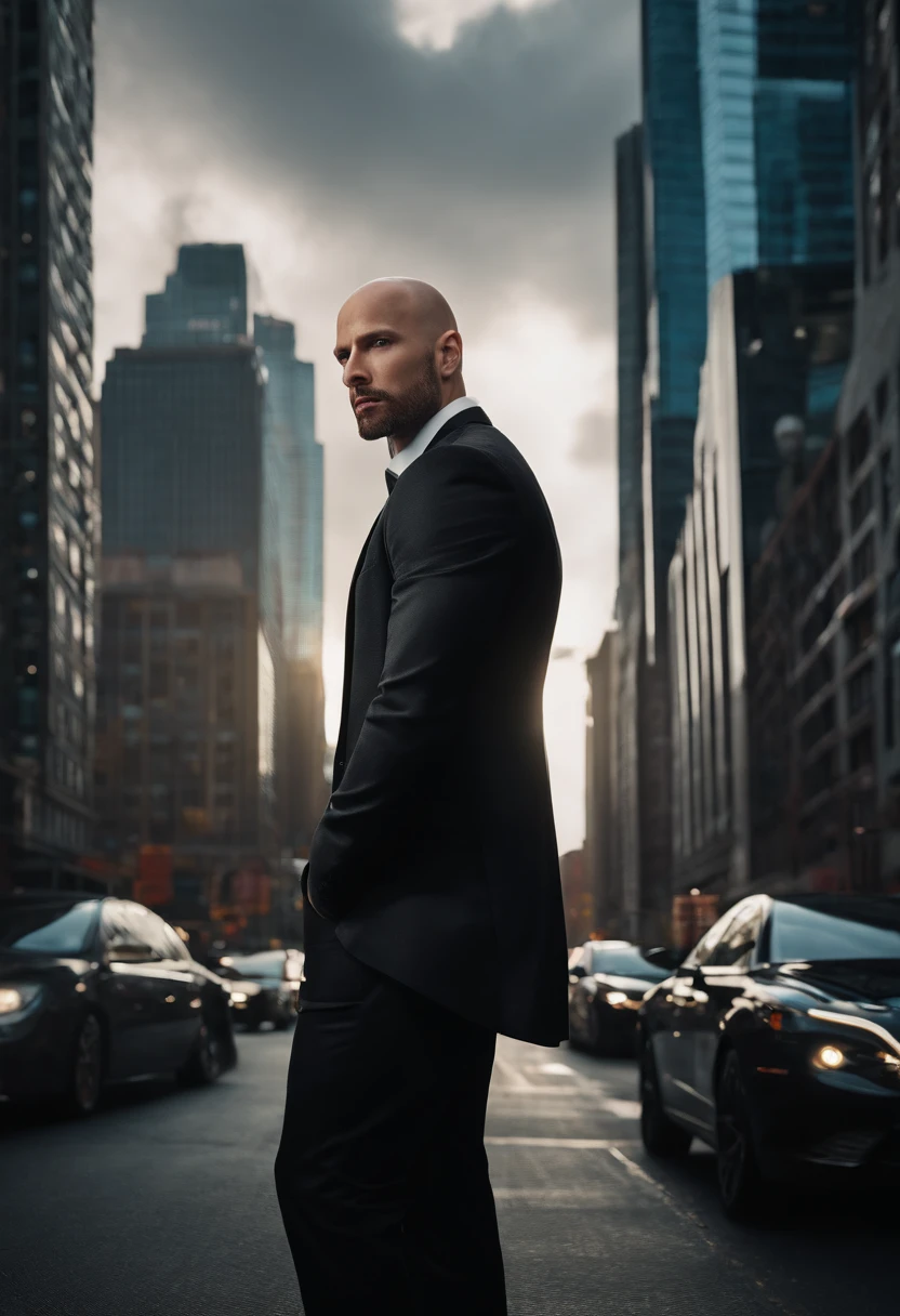 a 31-year-old bald man with a red goatee, (best quality, highres, ultra-detailed), (realistic:1.37), detailed facial features, piercing blue eyes, strong jawline, confident expression, wearing a stylish black suit, standing in a modern cityscape with tall skyscrapers and bustling streets, (gritty, urban, noir), vibrant colors, dramatic lighting with shadows and highlights, evoking a sense of power and elegance