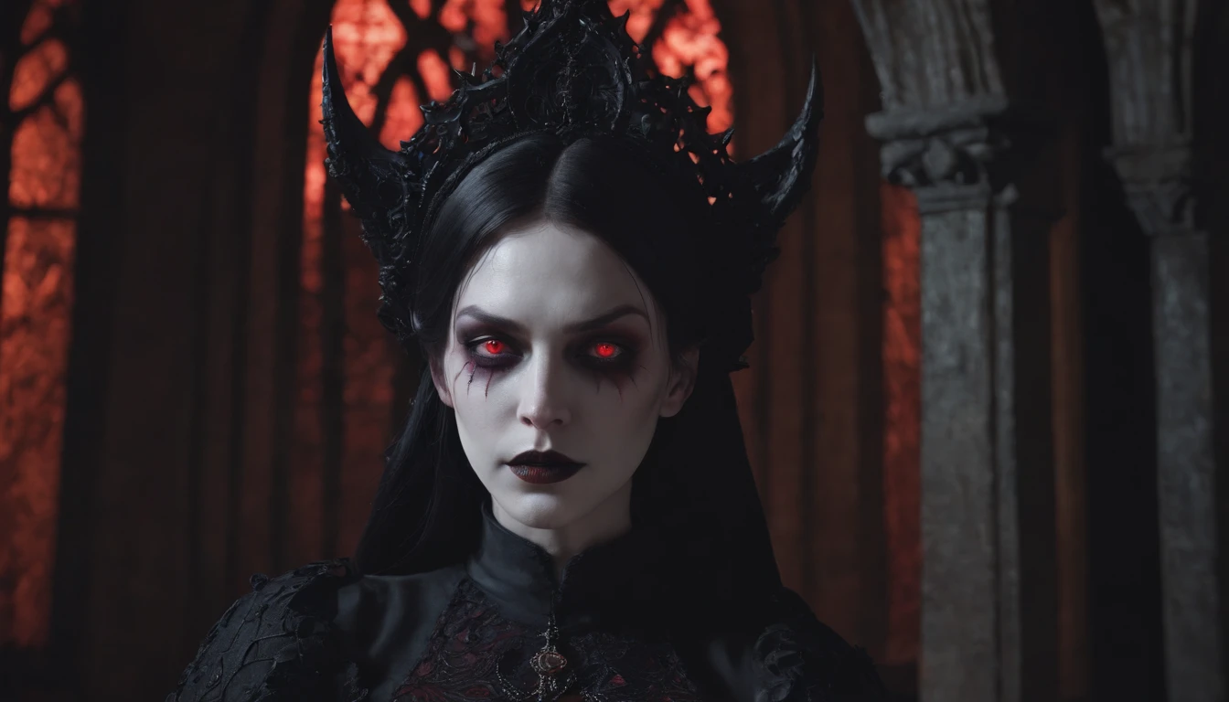 Half body shot of a creepy demon woman in a Gothic church at night, pale white skin, red glowing eyes, halloween aesthetic, horror movie, cinematic halloween, dark ambient, red lights, ultra detailed, photorealistic, masterpiece.