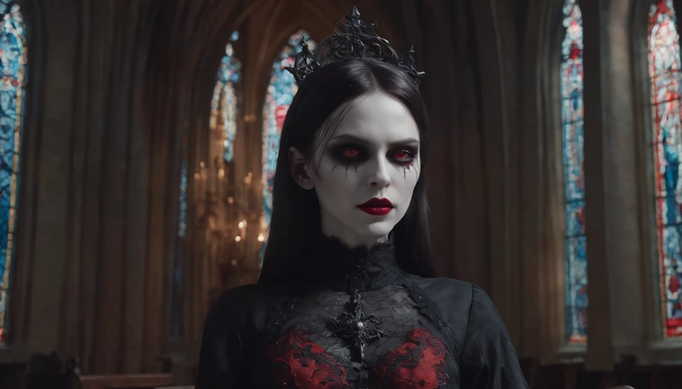 Half body shot of a creepy demon woman in a Gothic church at night, pale white skin, red glowing eyes, halloween aesthetic, horror movie, cinematic halloween, dark ambient, red lights, ultra detailed, photorealistic, masterpiece.