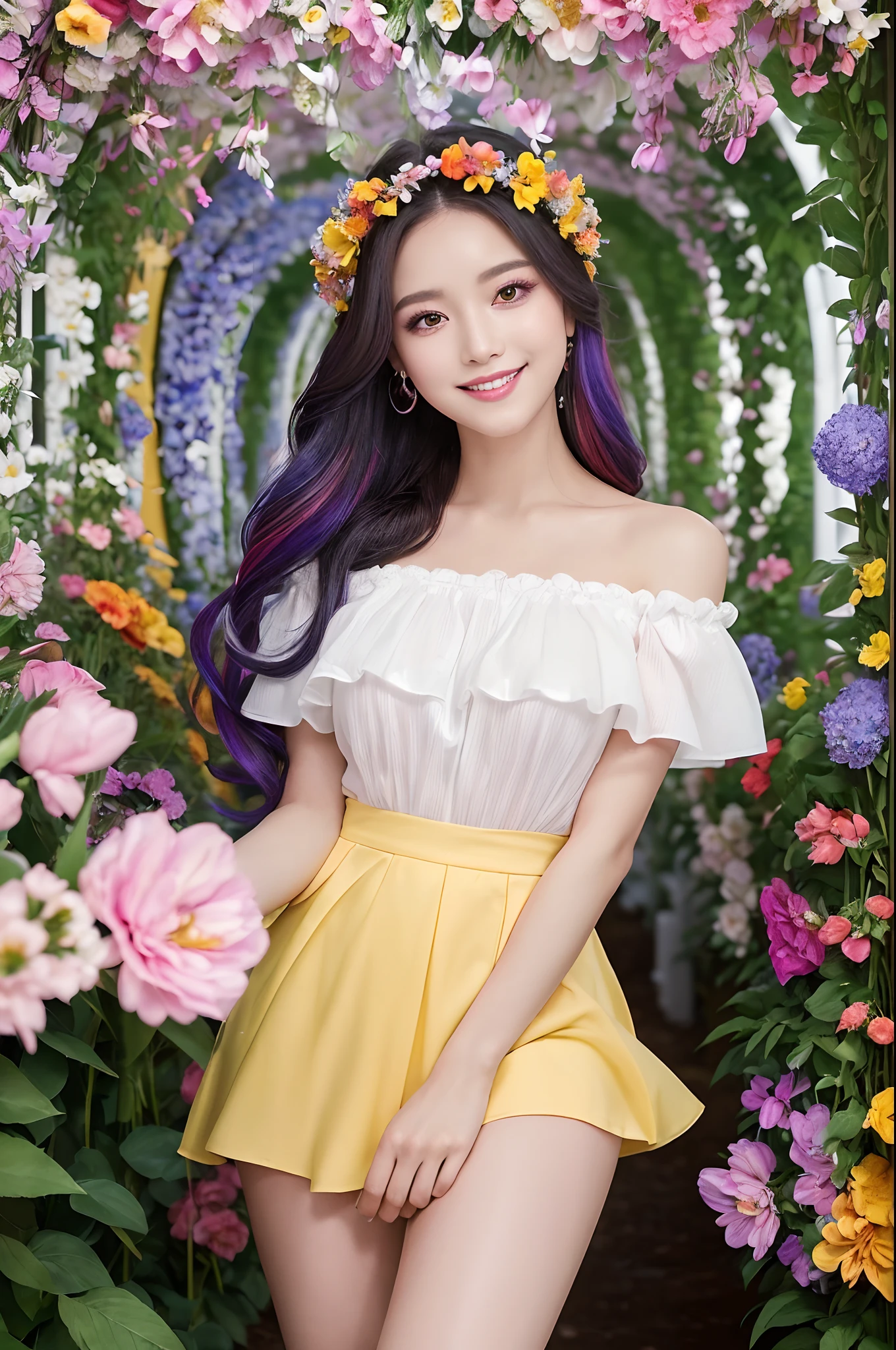 ((1 schoolgirl,Gal Photoreal,White off-the-shoulder T-shirt,a miniskirt,large full breasts,Photograph the whole body,thighs thighs thighs thighs,The biggest smile staring at the camera,Big smile,Looking at the camera)),((((Flower arch,Flower Tunnel,a large amount of flowers,Surrounded by flowers,the flower crown,Flower garden,Detailed flower garden,Filled with flowers,A tunnel made entirely of flowers,Arches filled with flowers,Everything is filled with flowers,Fill it with flowers without gaps,The whole thing is colorful,Everything is colorful,The largest flower garden in the world,Complex Flower Tunnel,Intricate floral arches,Very bright flowers))))colourful hair、A bracelet,耳?????? Ring,gyuru,Perfect makeup,Scrunchie,Glitter powder on the face,Vertical Painting、Exquisite makeup、long eyeslashes、looking at the spectator、rainbow-colored hair, Top image quality, Top image quality, masterpiece, 独奏, depth of fields, (elegent: 1.2), a gorgeous,length hair, the wind, (elegent: 1.3), (((masterpiece)))、(((top-quality)))、((ultra-detailliert))、((beautifull detailed face))、colourful hair、(((striated hair))、beatiful detailed eyes、((((a high chroma))))