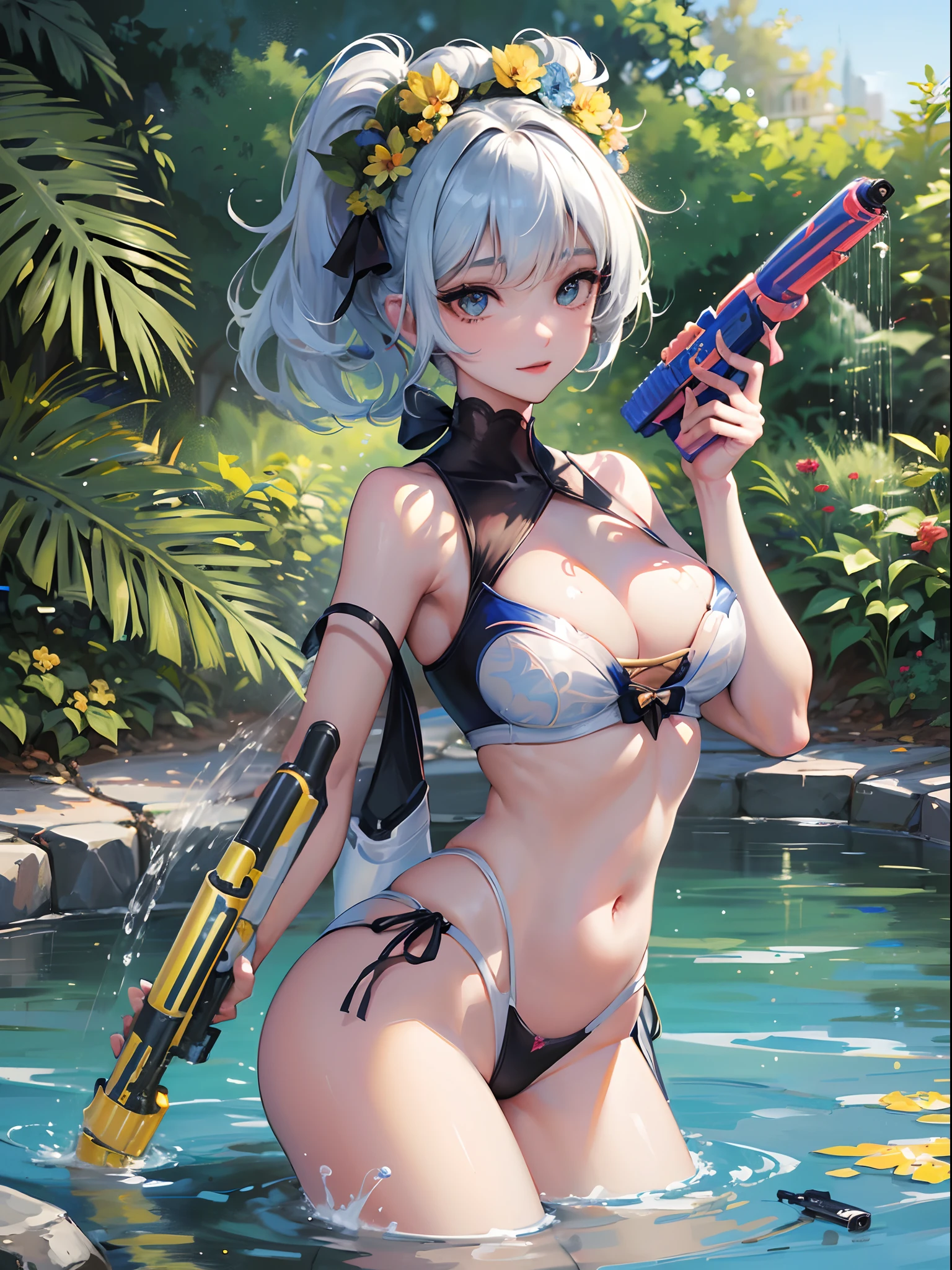 ((Finest quality)),(超A high resolution),(ultra-detailliert),(Meticulous portrayal),((best pictures)),(Finest works of art),Ultra-Precision Art,The art of astounding depiction, in poolside:1.5,suns:1.3(1人の女性:1.5),((Shoot a water gun at us:1.6)),water gun,,a smile,swim wears