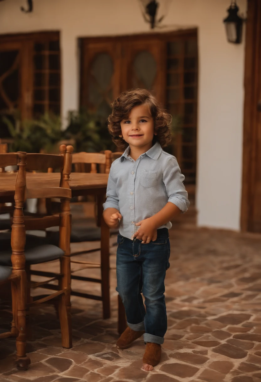 menino: Miguel, aproximadamente 5 anos de idade, cabelo curto estilo Disney, olhos castanhos e sorrisos. garota: Giovana, 2 anos, longos cabelos pretos e olhos azuis. scenecy: Miguel and Giovana are in a cozy little house in the valley, ao fundo um dia ensolarado, Destacando o Sol.