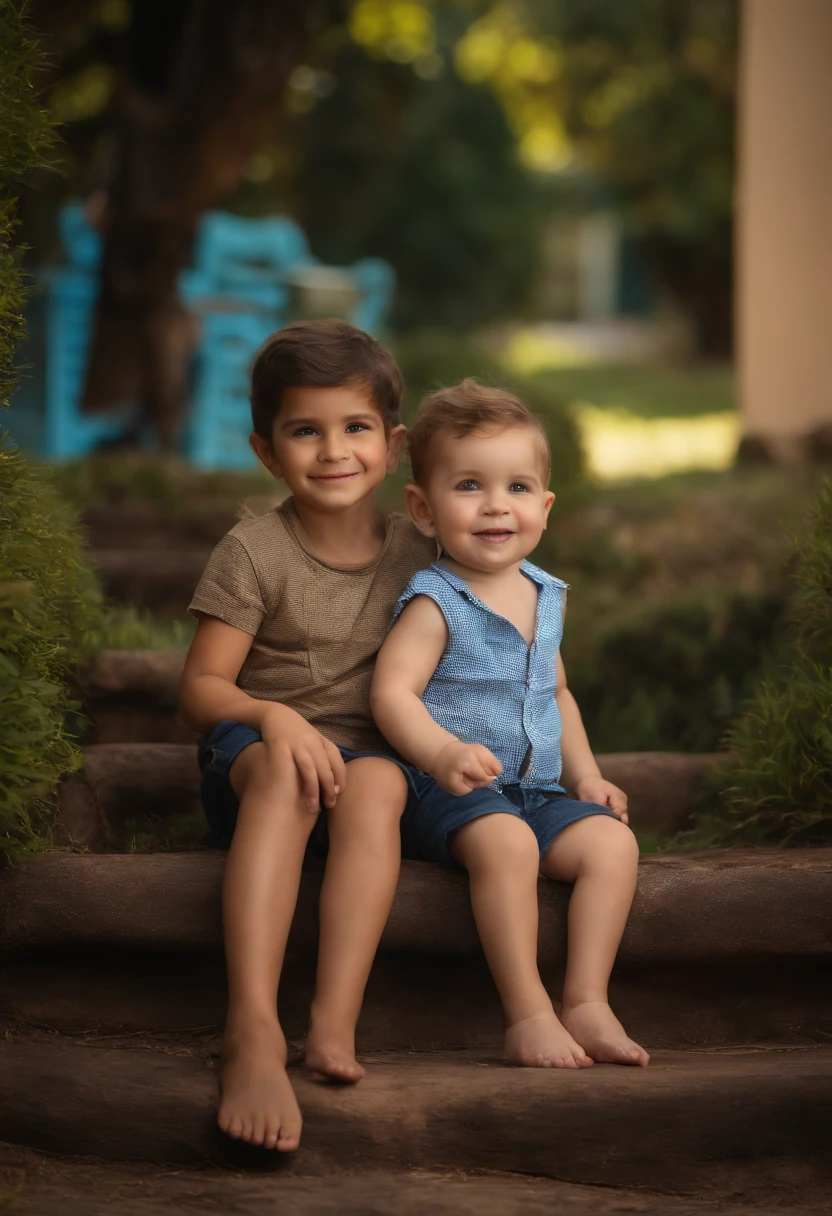 : Miguel, aproximadamente 5 anos de idade, cabelo curto estilo Disney, olhos castanhos e sorrisos. garota: Giovana, 2 anos, longos cabelos pretos e olhos azuis. scenecy: Miguel and Giovana are in a cozy little house in the valley, ao fundo um dia ensolarado, Destacando o Sol.