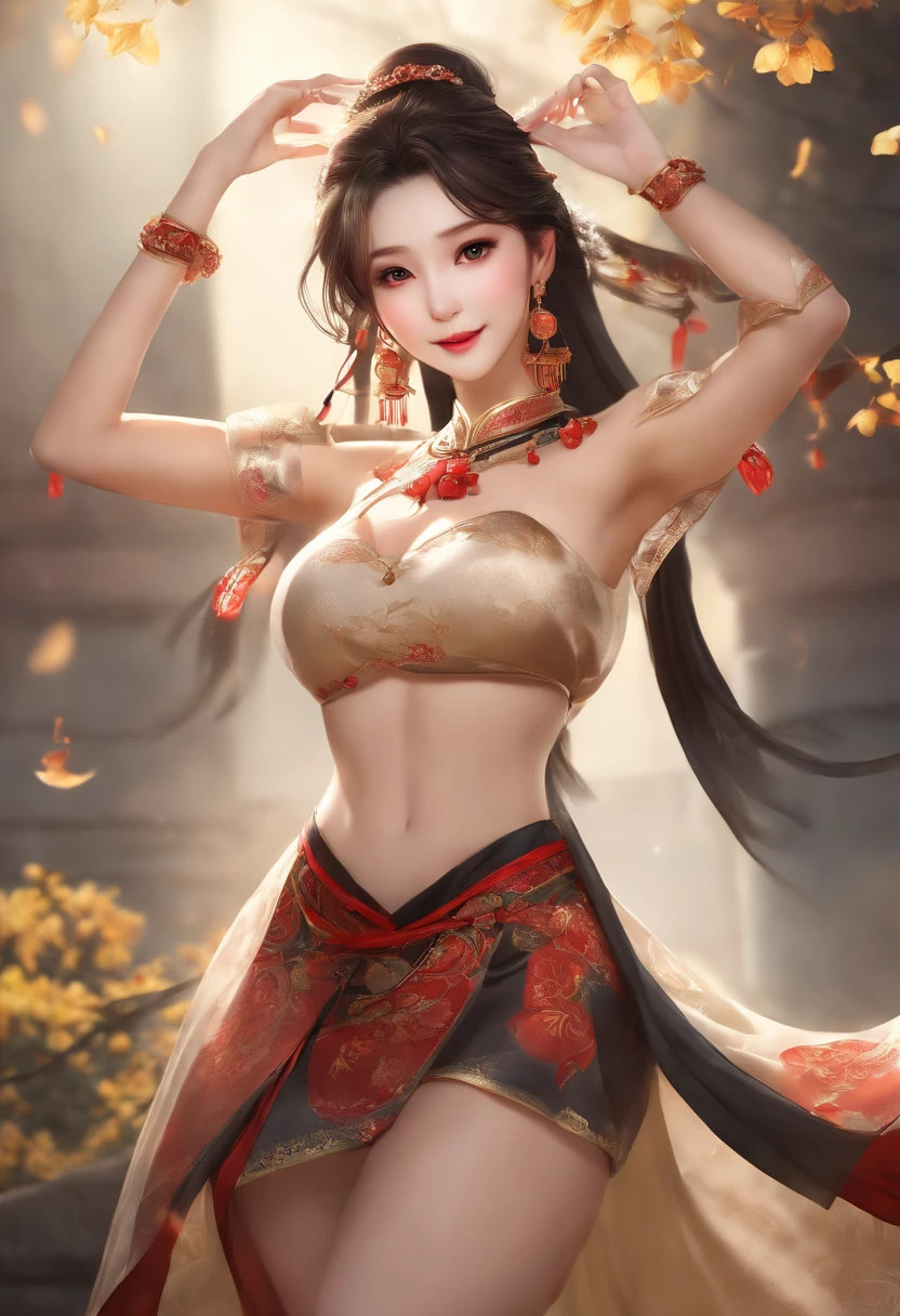 normal body shape, oval face, details eyes, details lips, huge breasts, slim waist, medium thighs, barefoot, smile, dancing, chinese clothes style, bra, black stockings, masterpiece, best quality, highres, ultra high res, anime, 1 girl, natural lighting, full body
