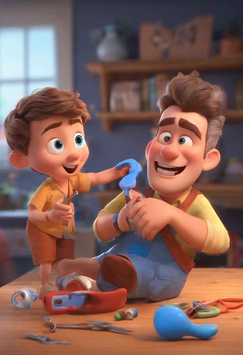 Estilo Pixar: The grown man is holding a naked blue-eyed boy and in his other hand he is holding a pair of scissors and is trying to cut off the boy's testicles,3D Poster,Disney