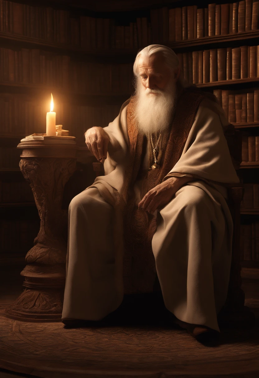 Old man sitting on an old chair in the library, Wrapped in a sheet, hermit, Marble statue, Dark Octane Rendering, Lighting from candle lamps, barroco, European, mandalas, Side view from below, Anatomically correct, super detailed