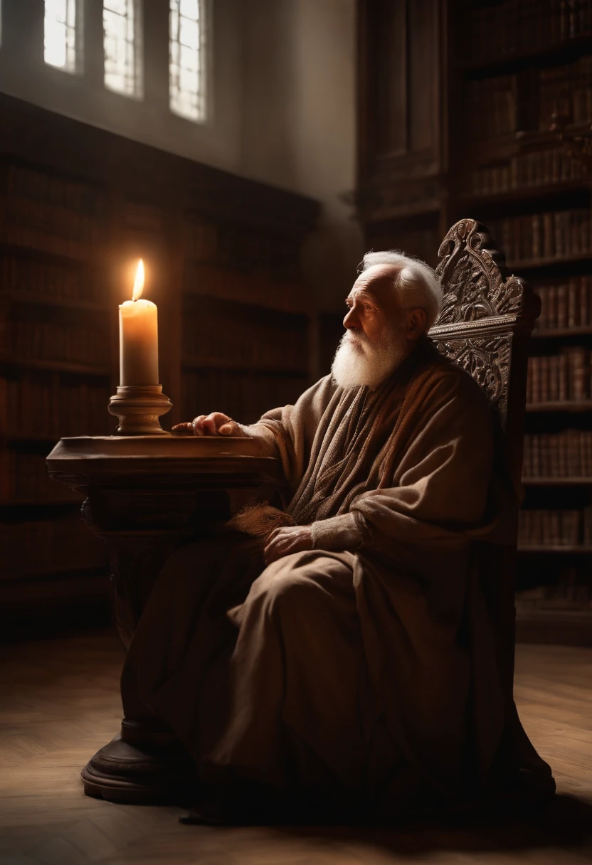 Old man sitting on an old chair in the library, Wrapped in a sheet, hermit, Marble statue, Dark Octane Rendering, Lighting from candle lamps, barroco, European, mandalas, Side view from below, Anatomically correct, super detailed