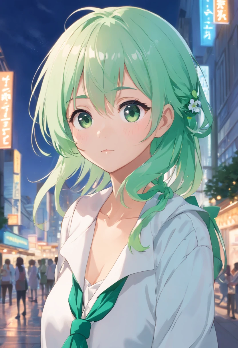 1girll, (eye bags:1.5), Mint green hair, Twin_Braid, white beret, White shirt, Flower tie